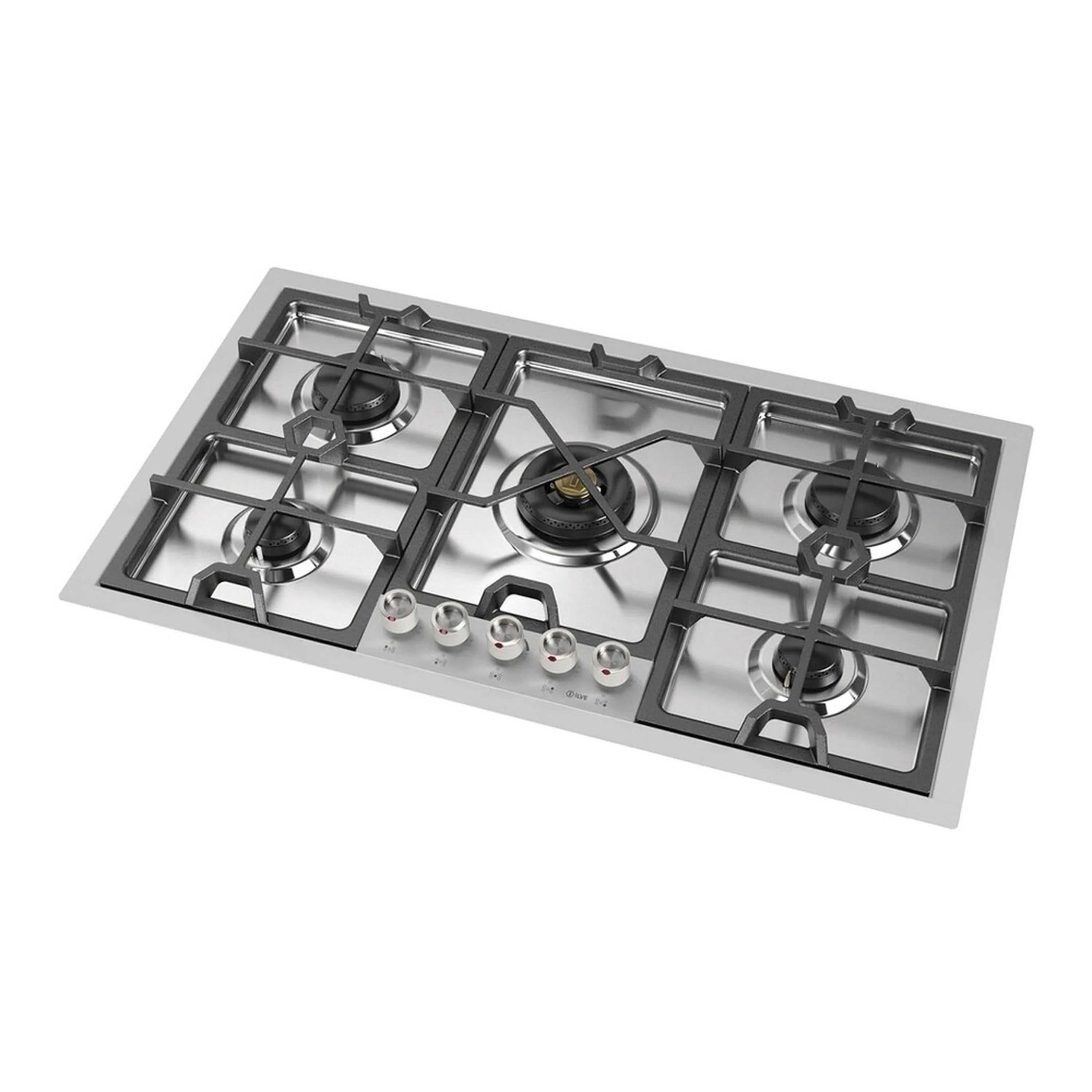 Stainless steel gas cooktop with five burners and control knobs along the front