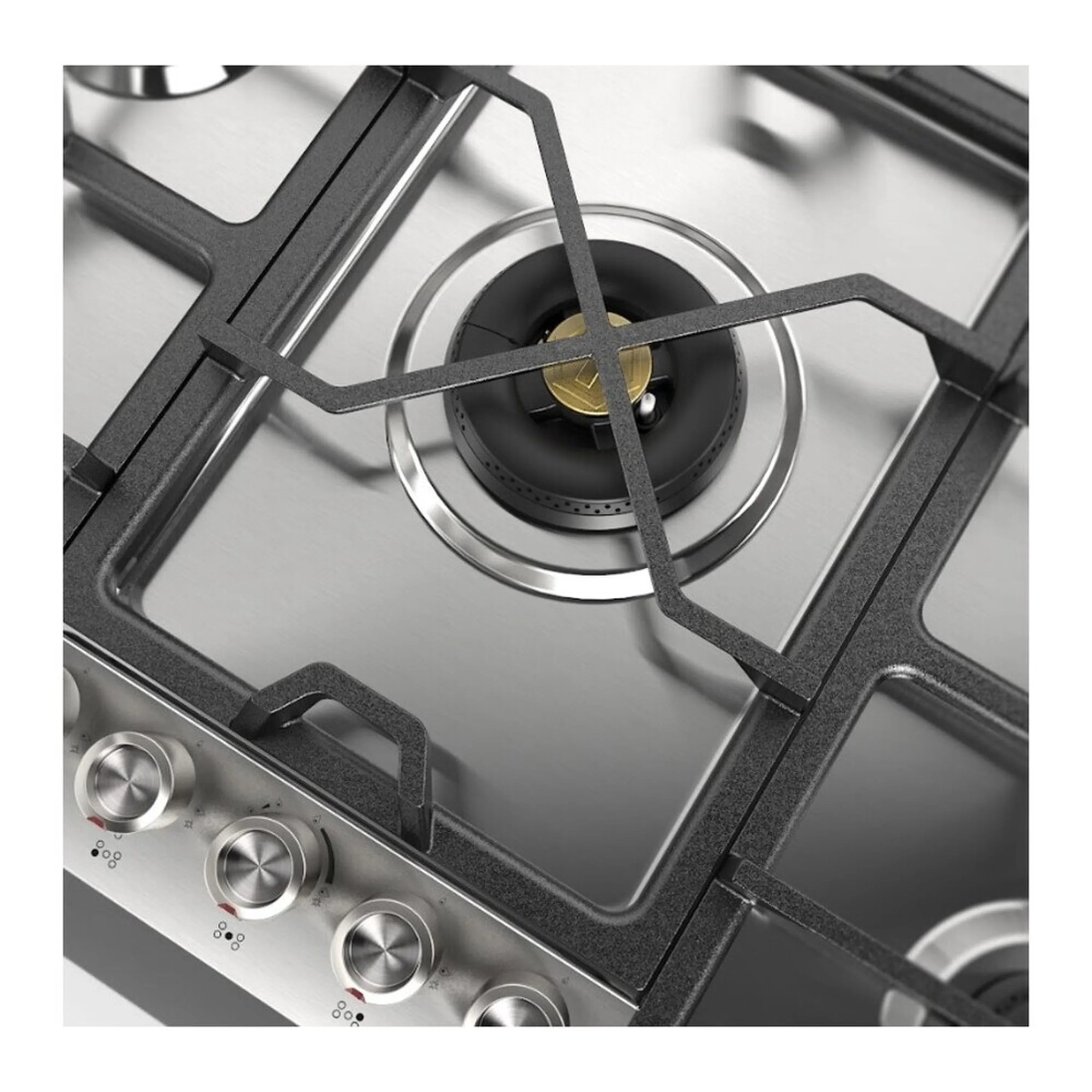Stainless steel gas cooktop close-up of a burner head and black grate frame