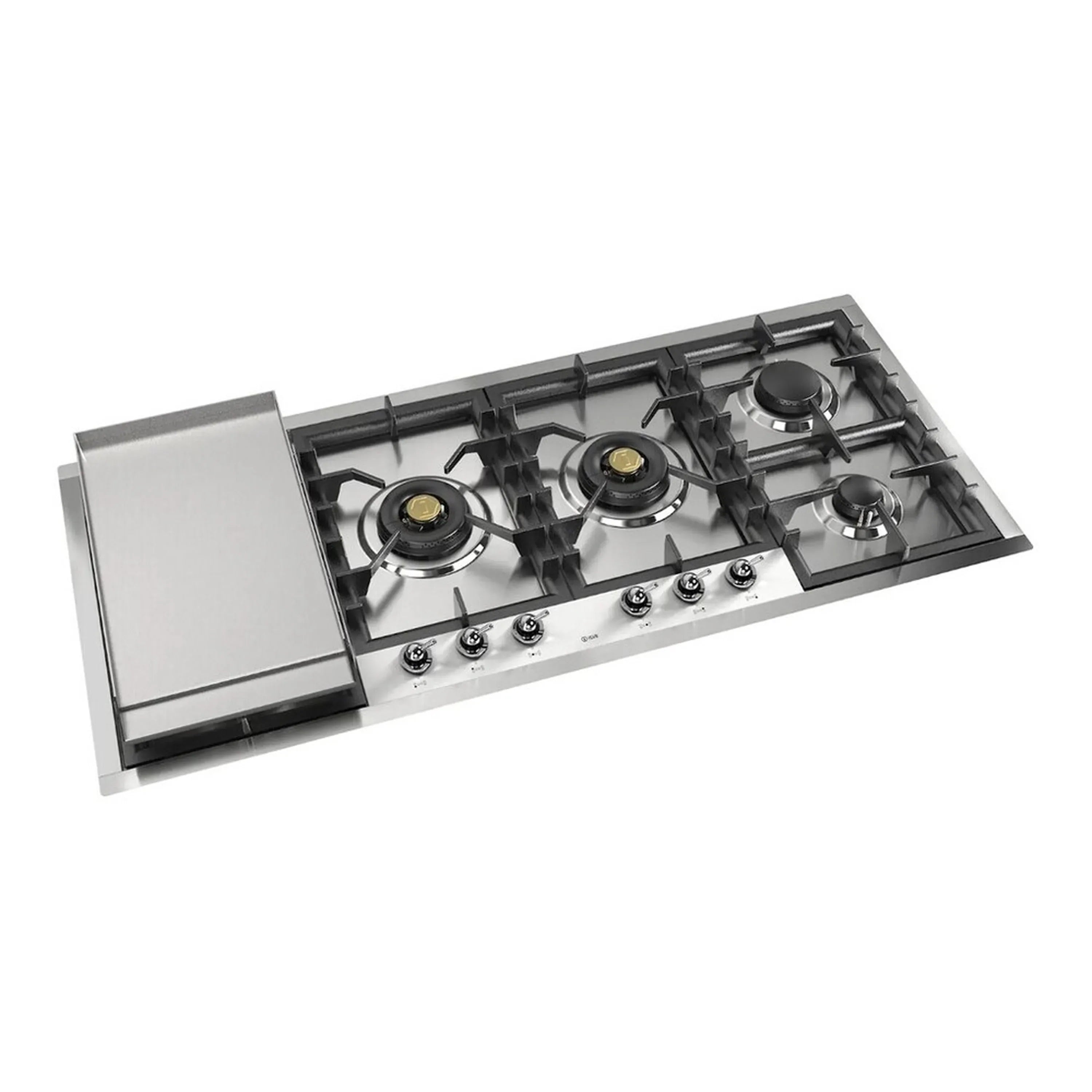 Stainless built-in gas cooktop with cast grates and four burners, griddle insert folded