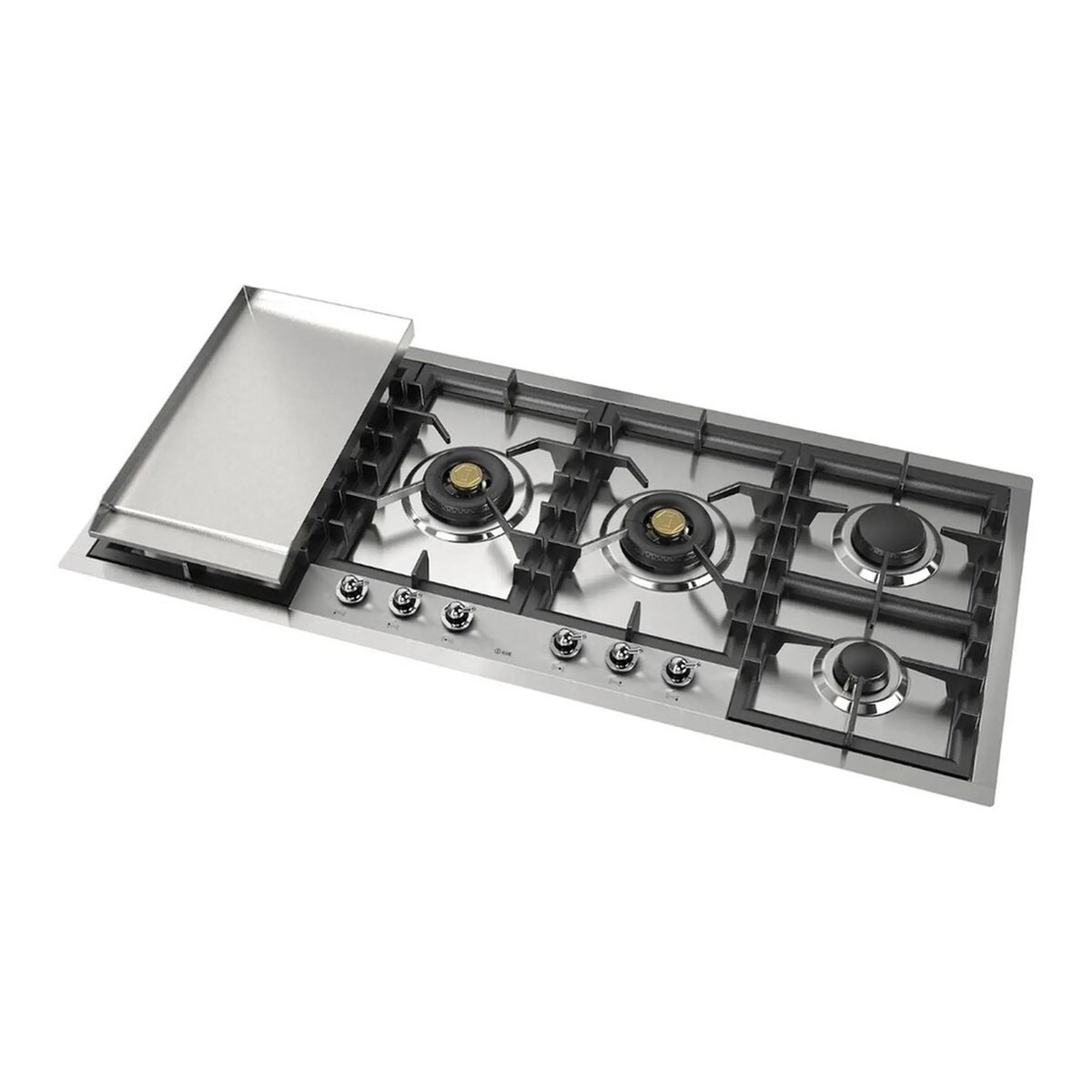 Stainless built-in gas cooktop with four burners and removable griddle insert