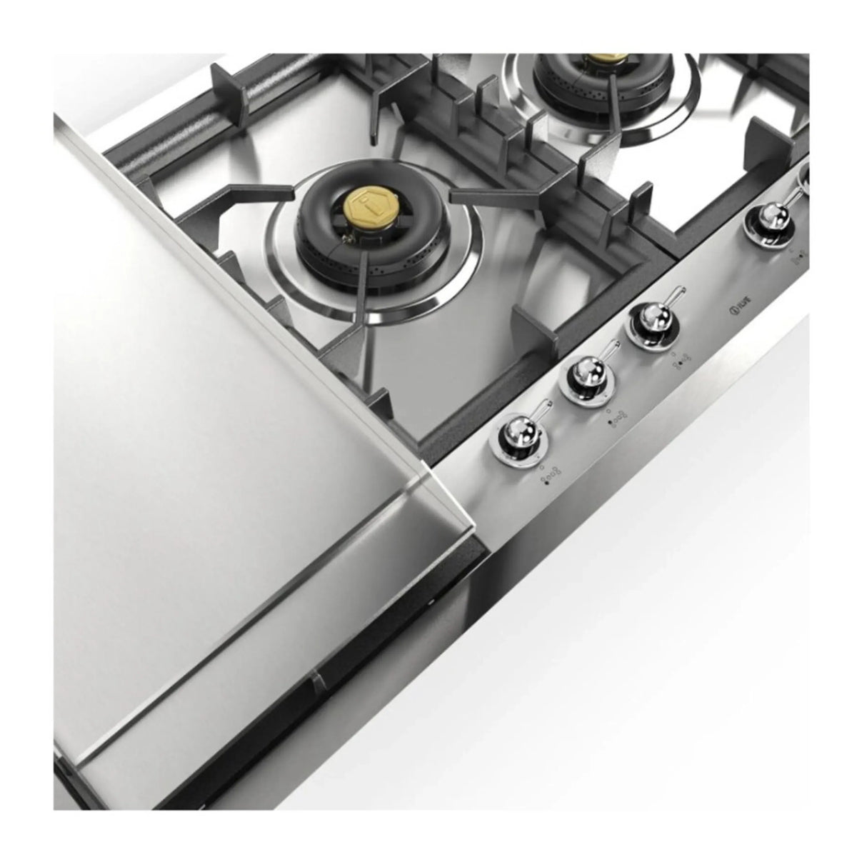 Stainless built-in gas cooktop with single burner head and black cast grate, control knobs