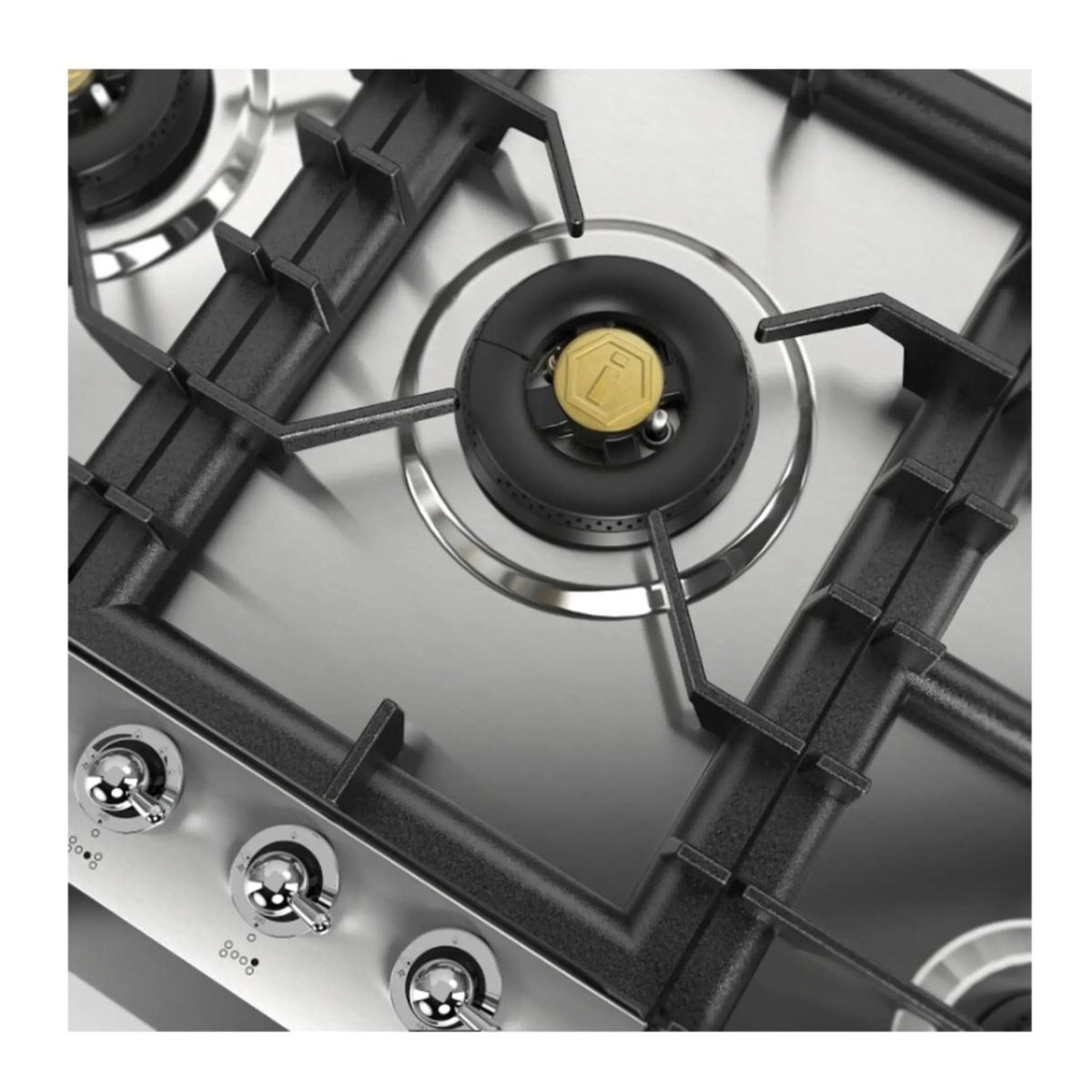 Close-up of black cast grate burner with gold center cap on stainless cooktop