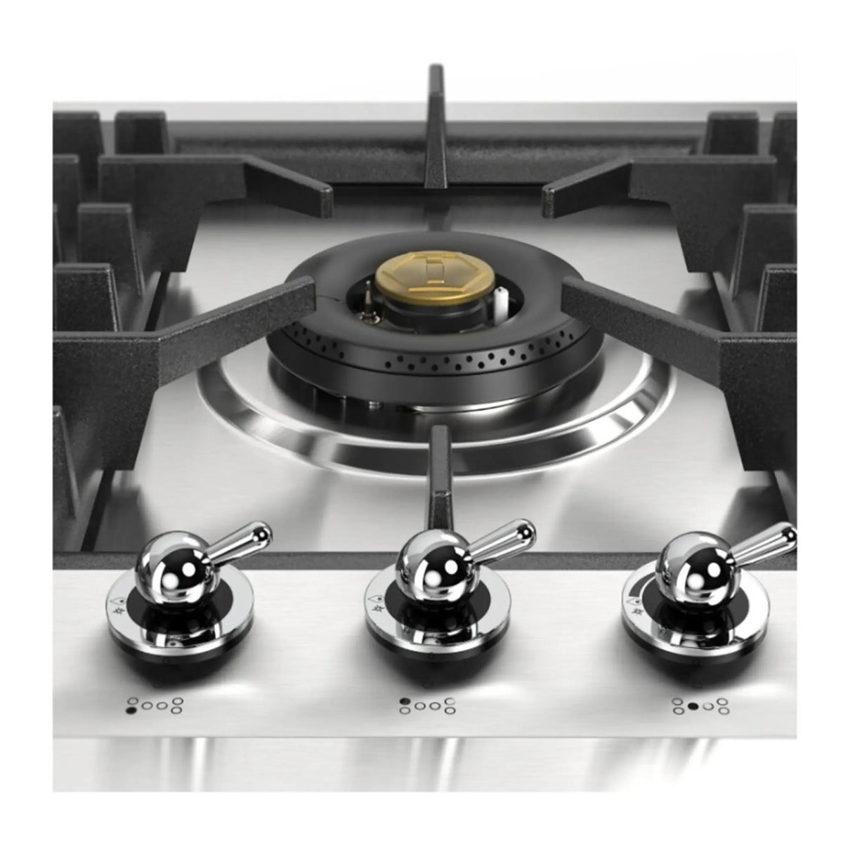 Close-up of front burner heads and knobs on a stainless built-in gas cooktop