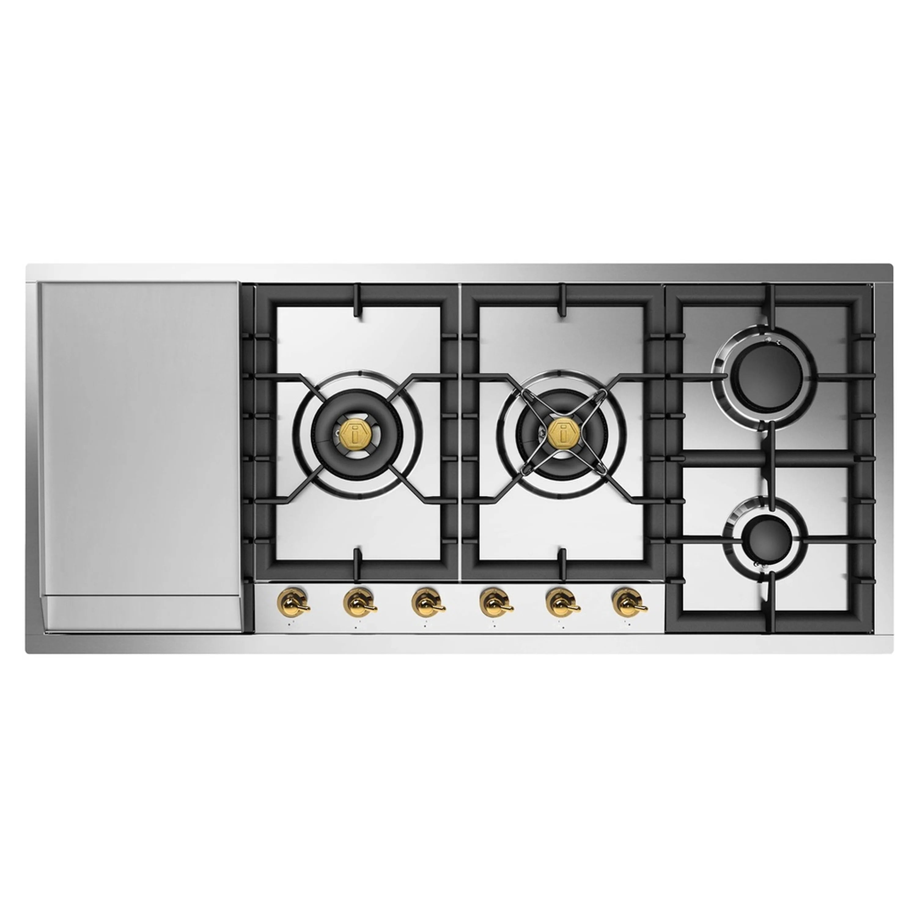 Stainless steel built-in gas cooktop with four burners, black grates, and gold knobs