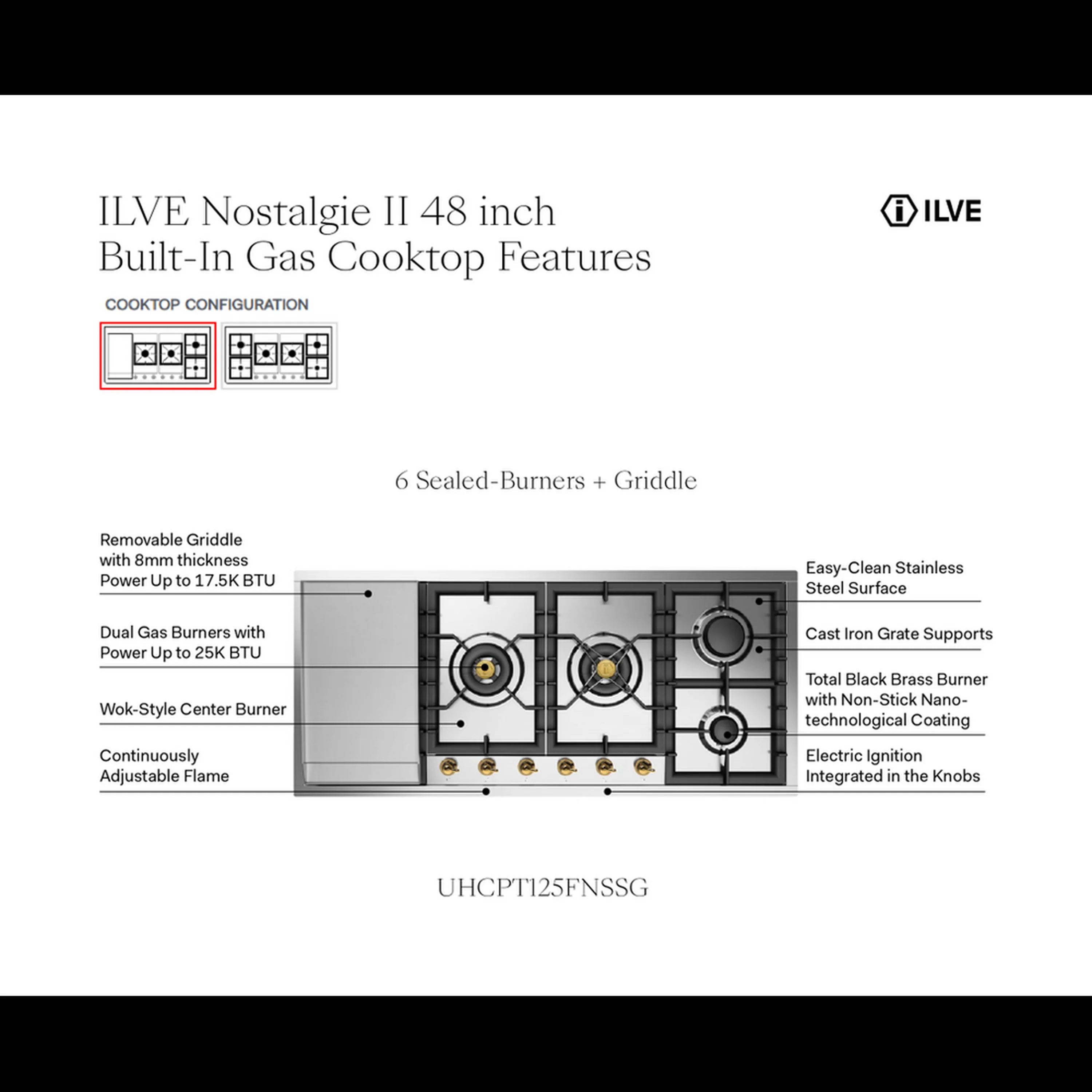 Gas cooktop configuration diagram showing six sealed burners and left griddle