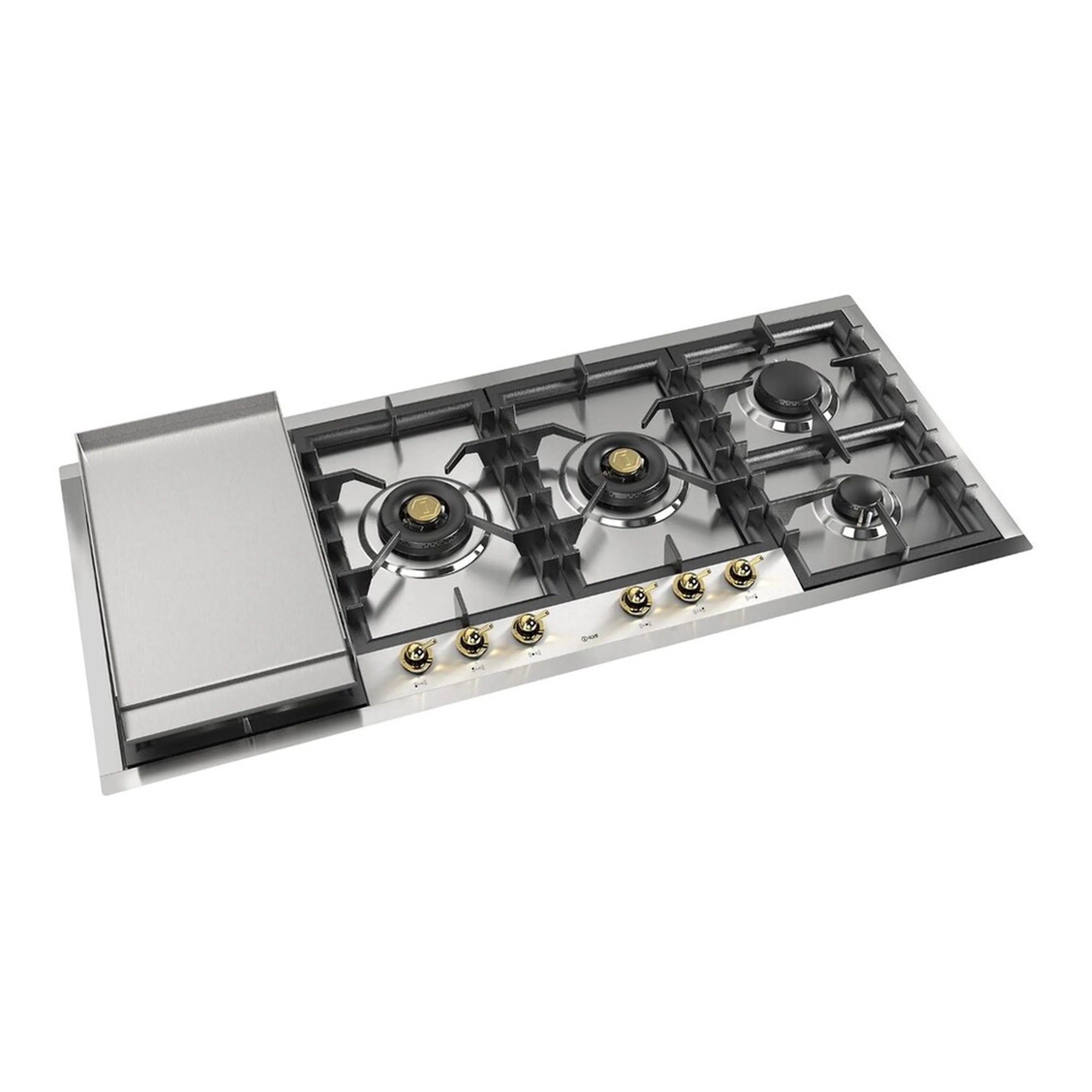 Stainless steel built-in gas cooktop with four burners and black grates