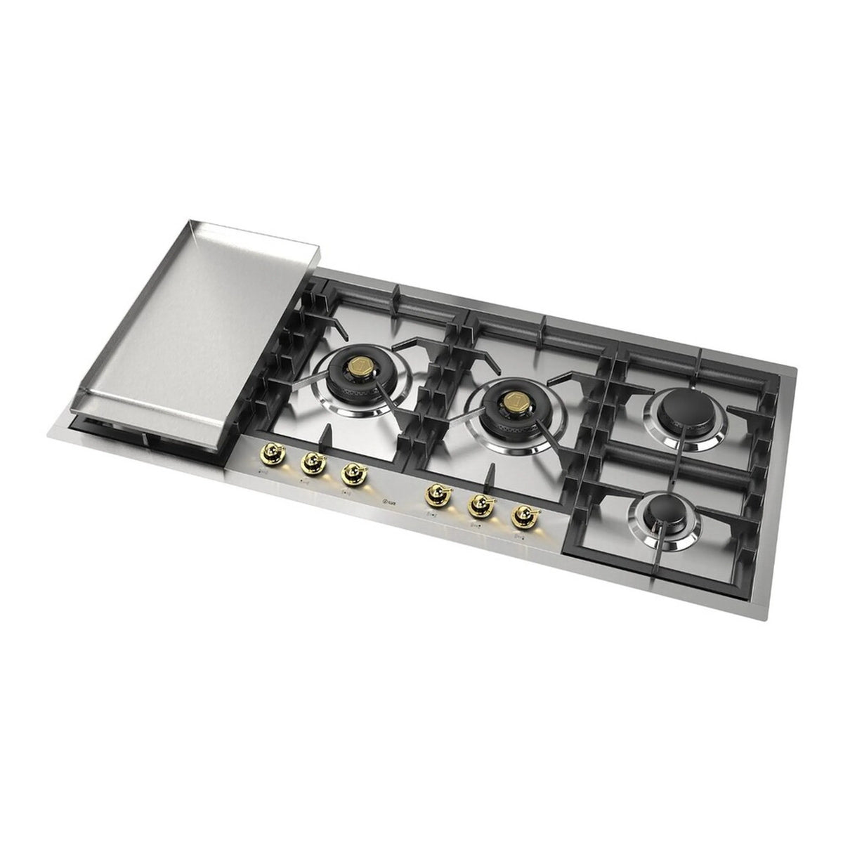 Stainless steel gas cooktop with left griddle in raised position and four burners