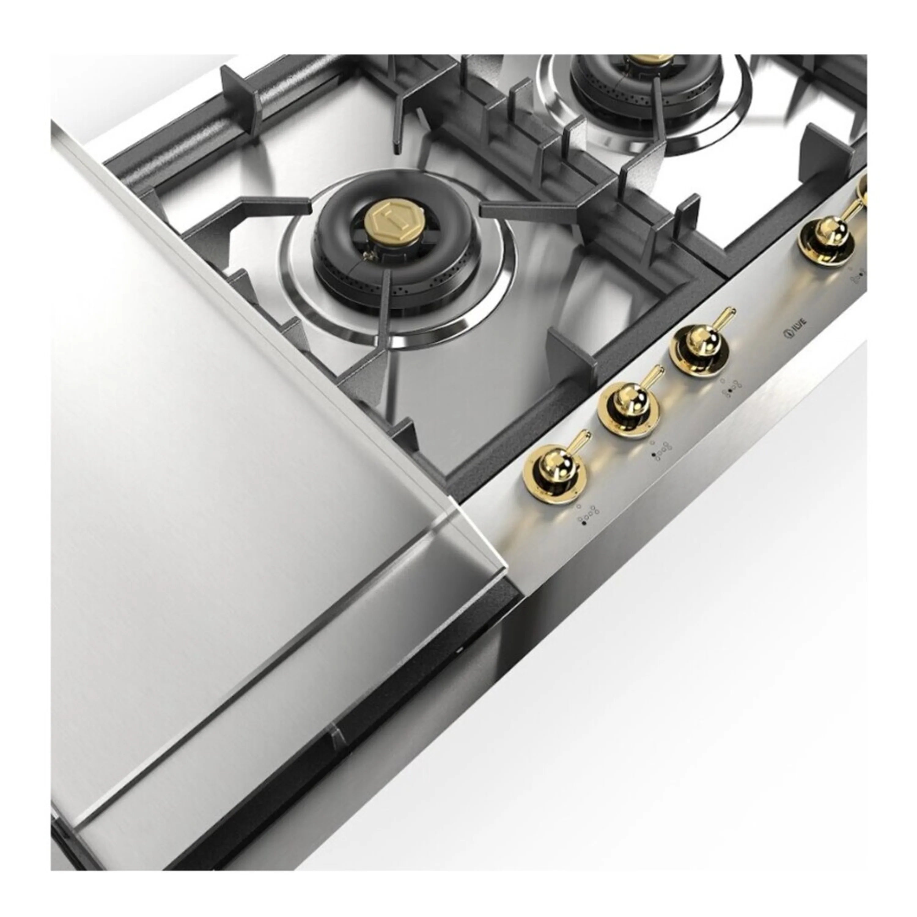 Close-up of stainless gas cooktop control knobs with black sealed burner grates