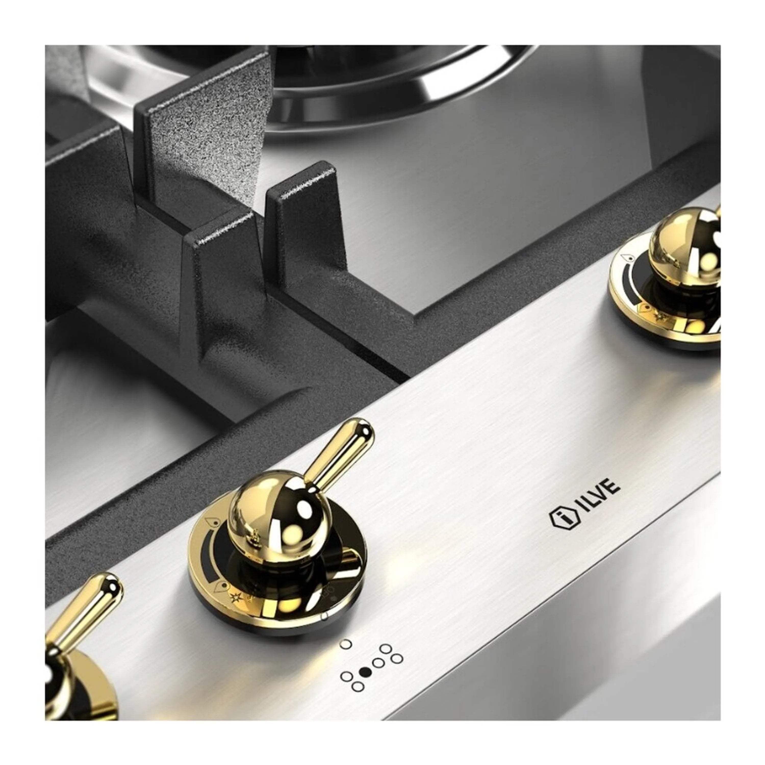 Stainless steel cooktop control panel with brass knobs and textured burner opening