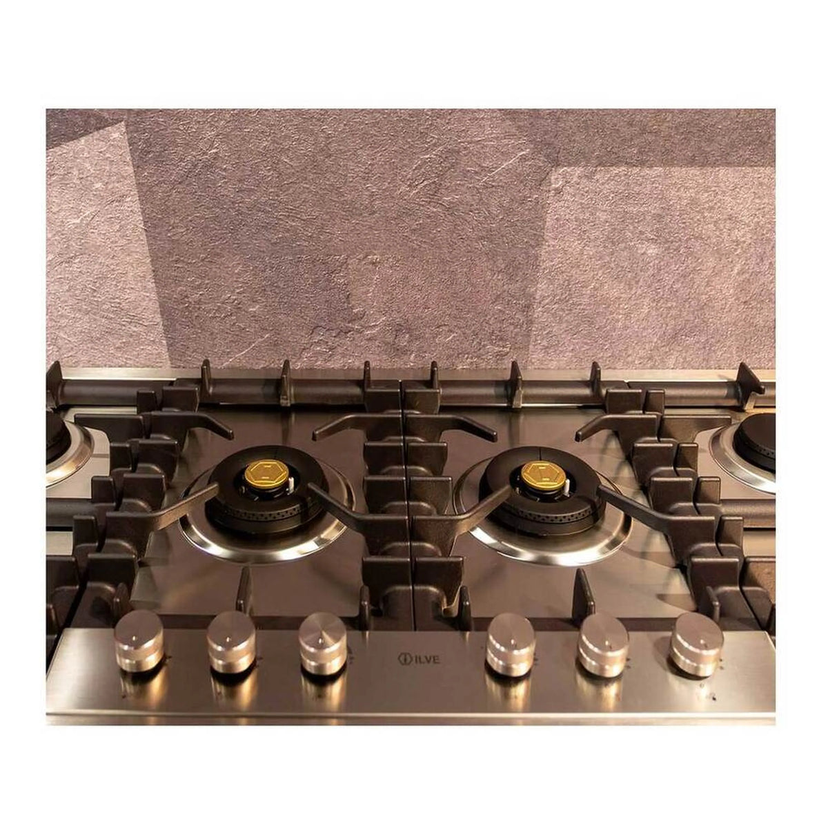 Stainless steel built-in gas cooktop with two brass-cap burners and black grate griddles