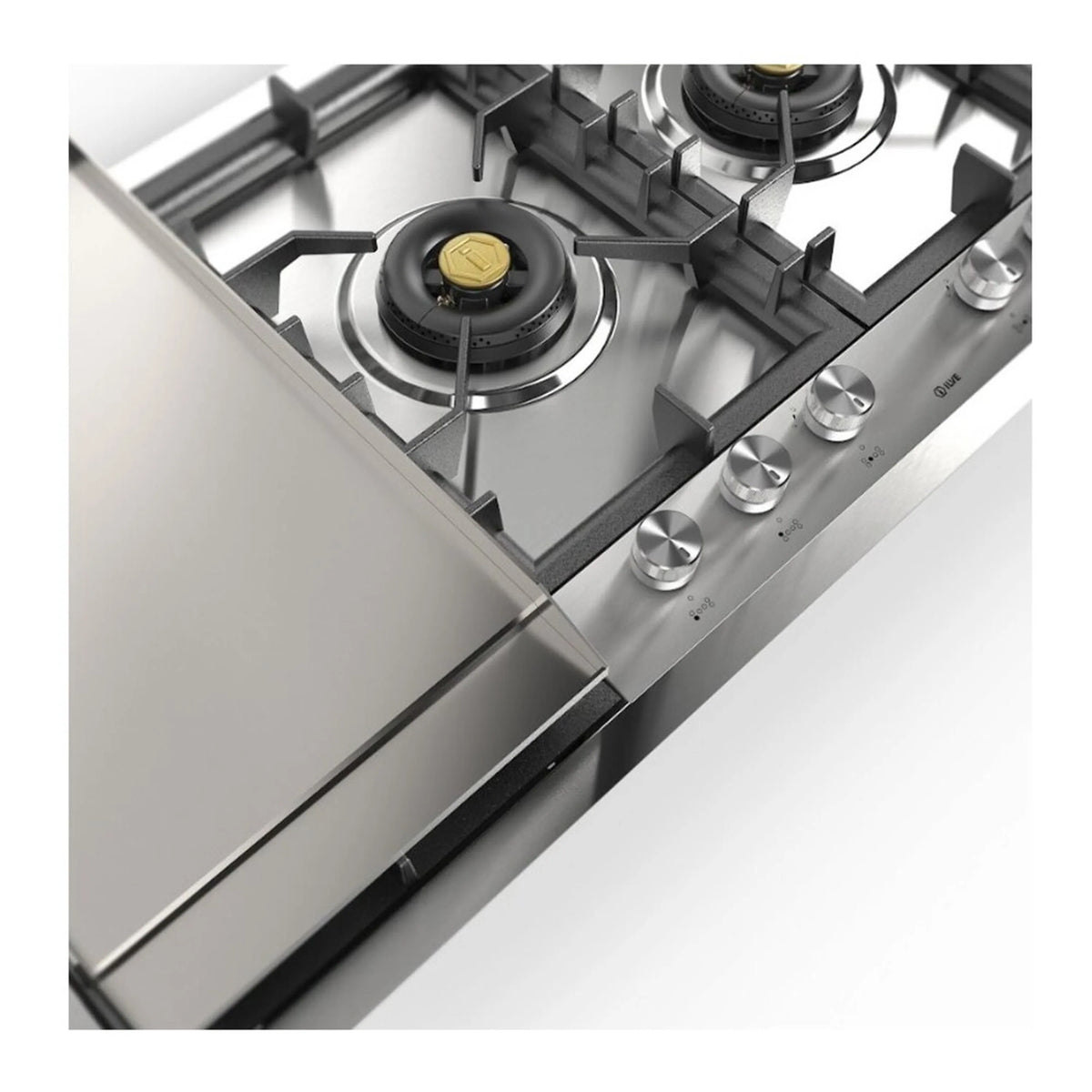 Corner view of stainless steel gas cooktop with two brass-cap burners and black grates