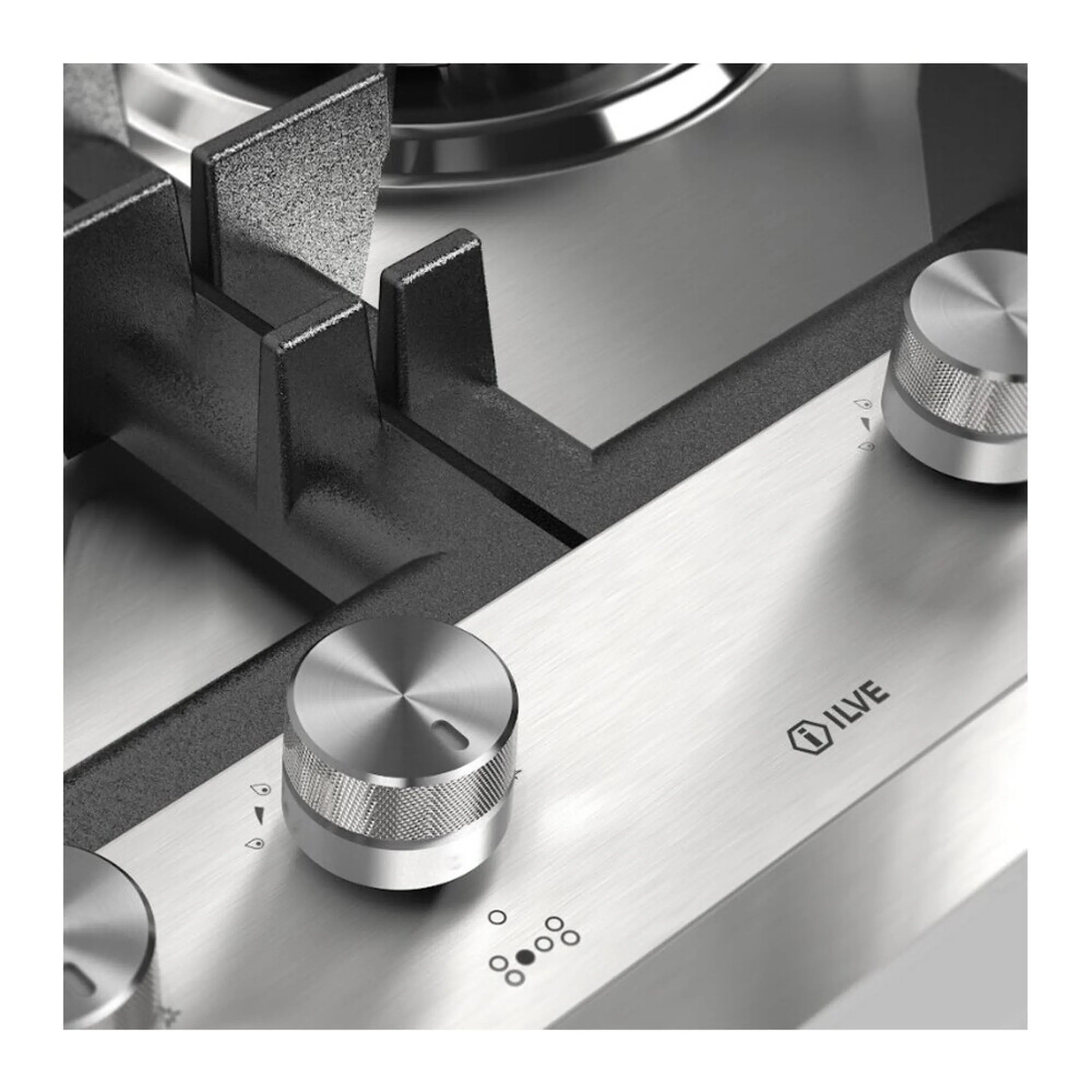 Stainless steel control panel with round knobs for built-in gas cooktop