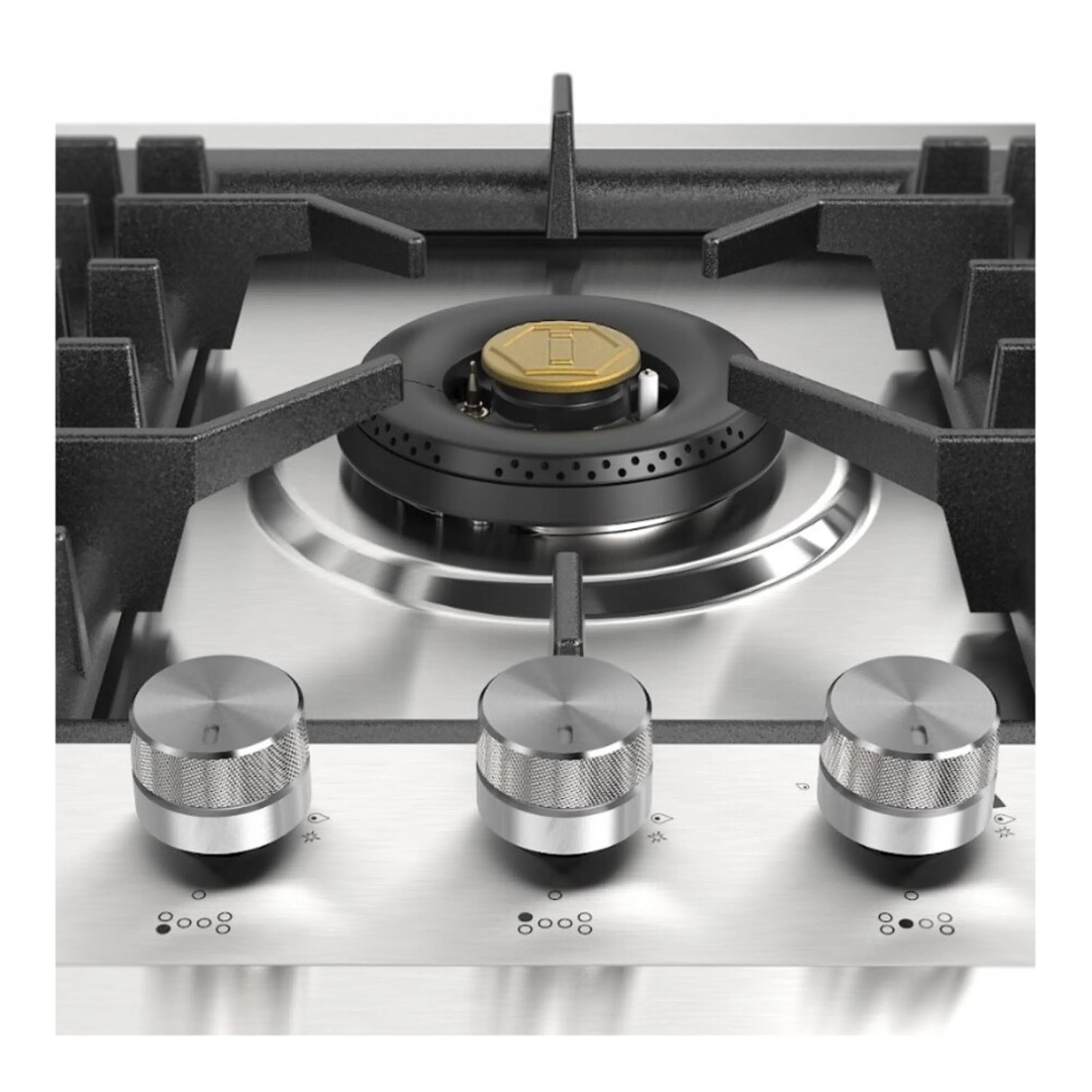 ILVE built-in propane gas cooktop with brass-capped burner and black grates on stainless steel