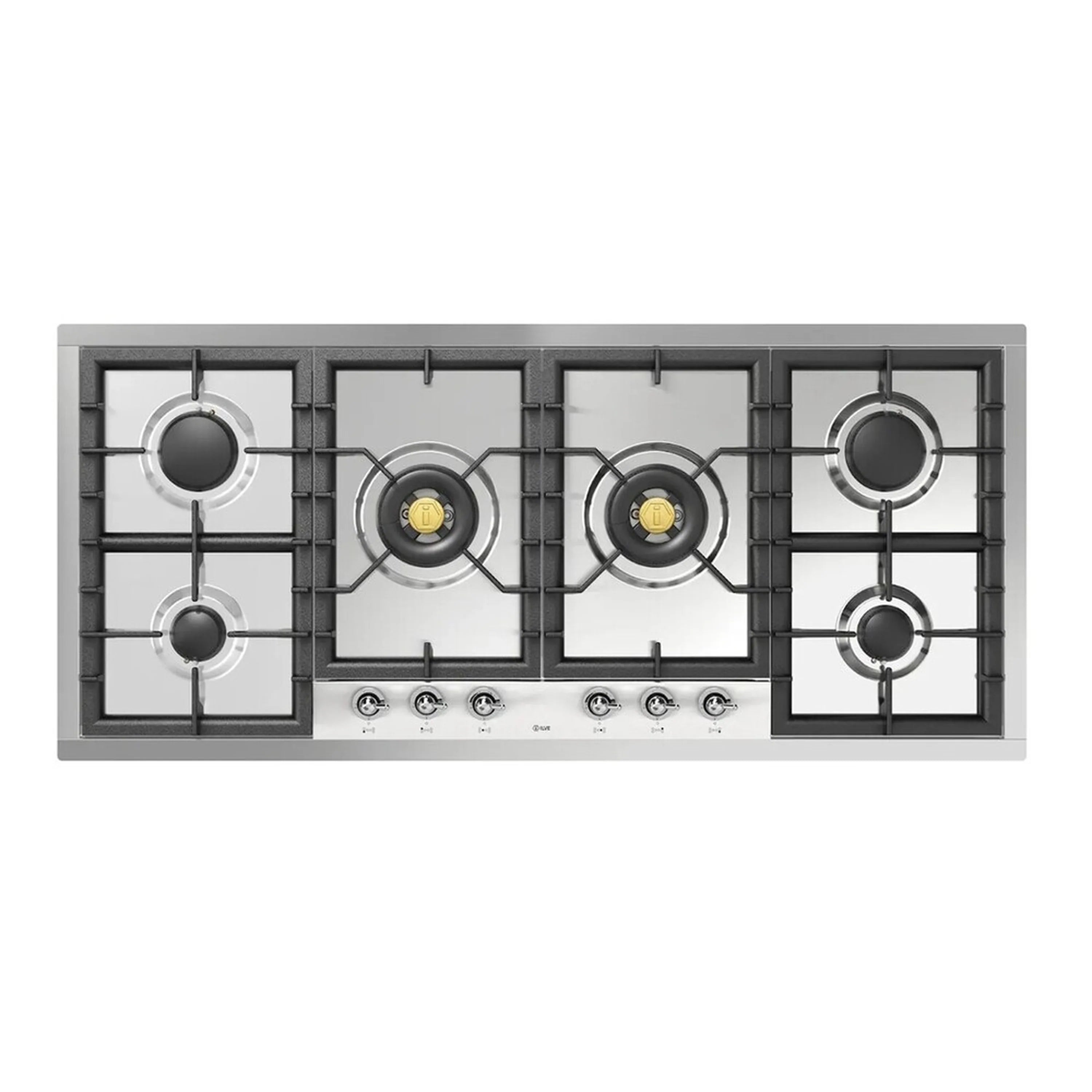 Built-in gas cooktop top view with six burners and black grate layout