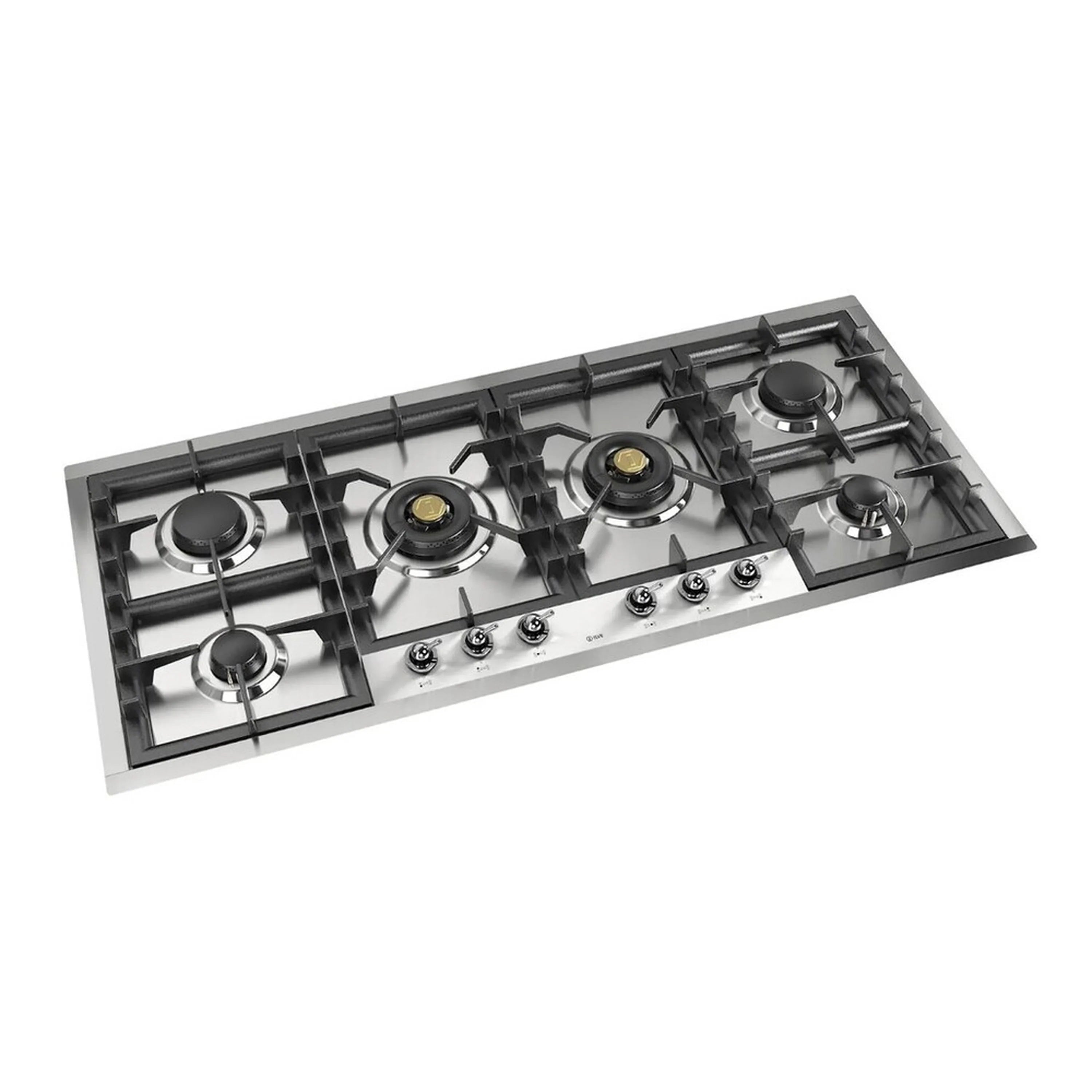 Built-in gas cooktop top view with six burners and stainless control knobs