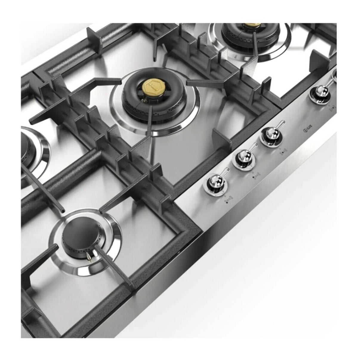 Close-up of gas burners with black grates and stainless control bar