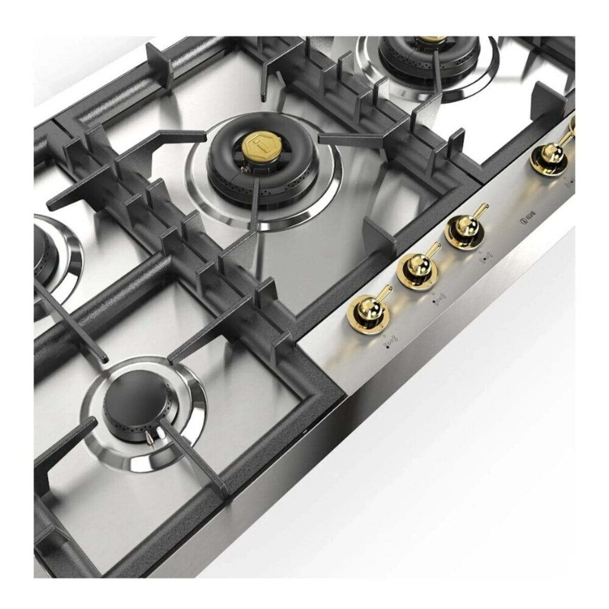 Close-up of stainless natural gas cooktop with black grates and gold control knobs