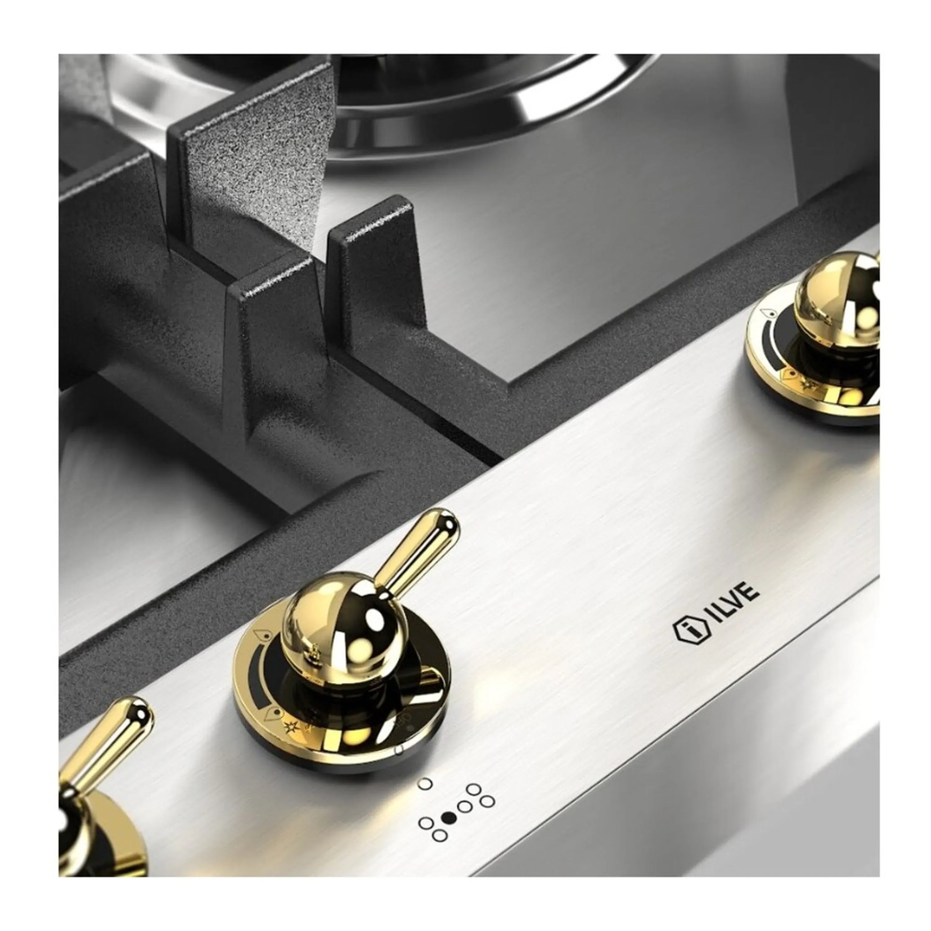 Stainless steel built-in gas cooktop front with brass control knobs and black cast-iron grates