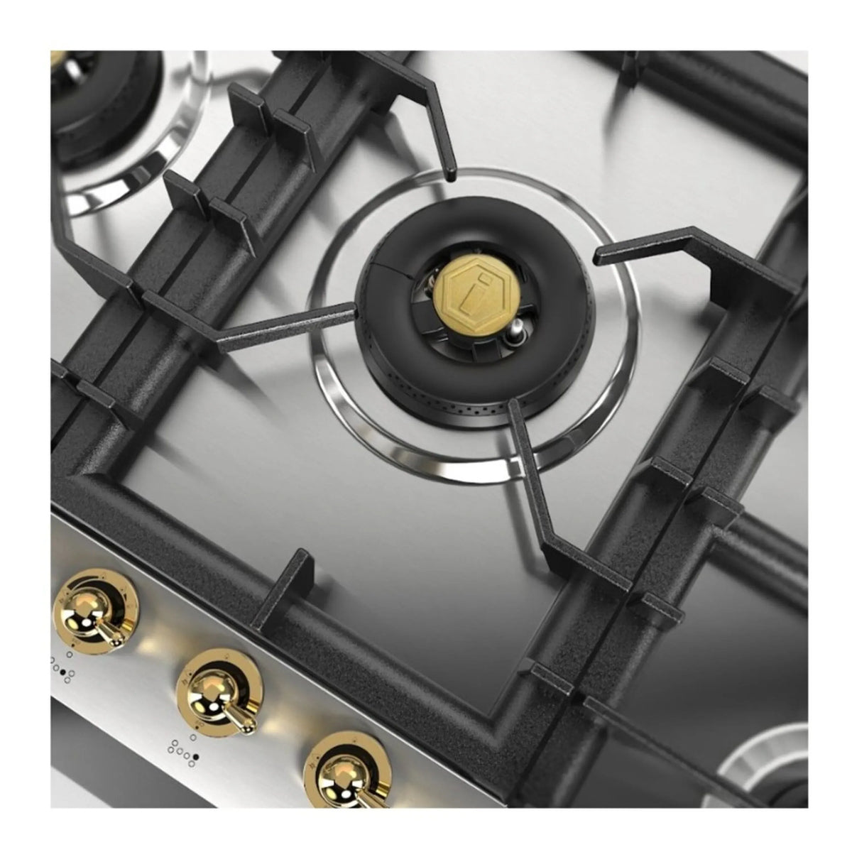 Built-in gas cooktop close-up showing black grate, central burner, and brass ignition cap