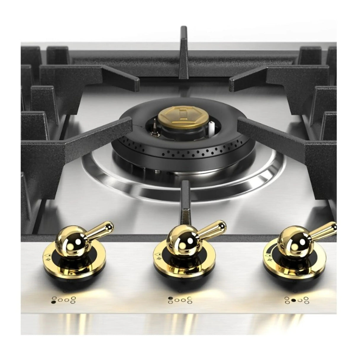 Built-in gas cooktop top view with central burner, black grates, and three brass control knobs