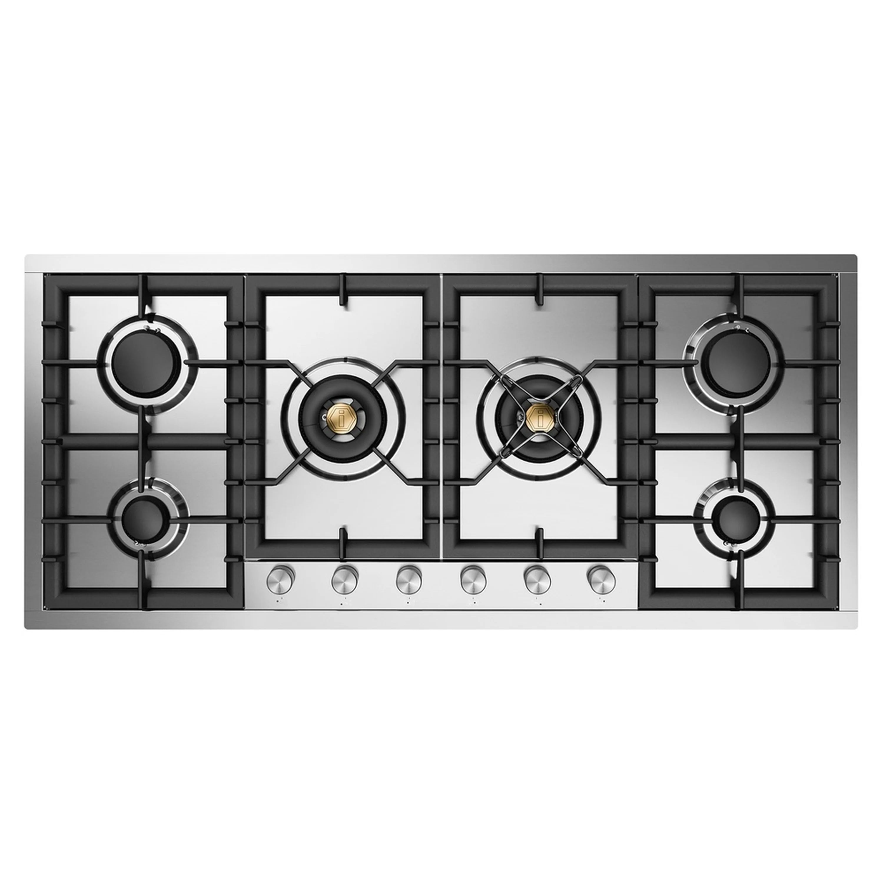 Stainless steel propane gas cooktop with black grates, brass burner caps, and control knobs.