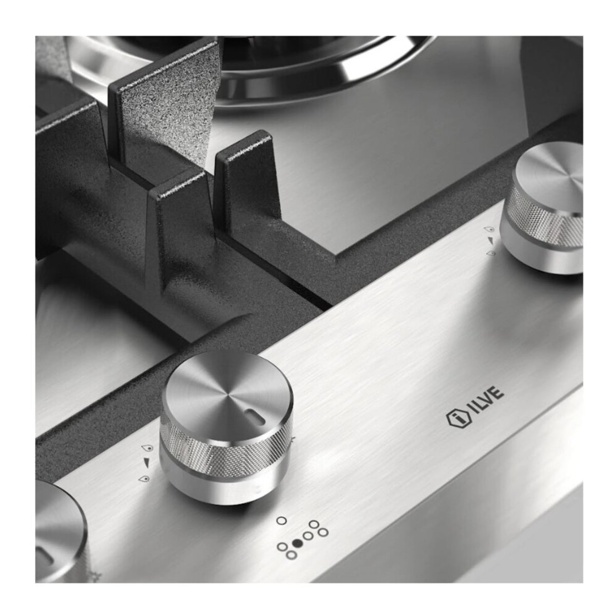 Stainless steel control panel with ILVE logo and burner knobs, close-up.