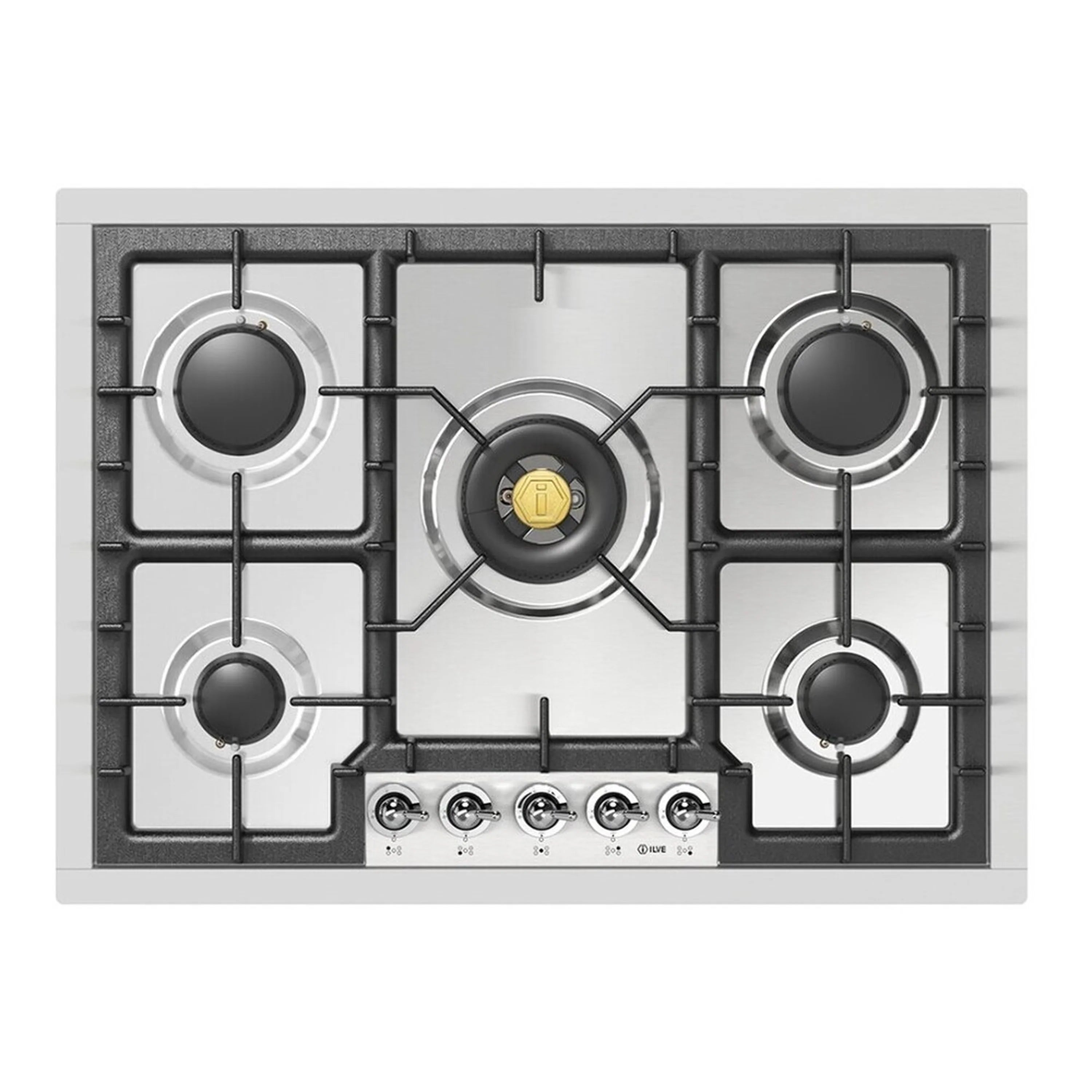 Front view of stainless steel 5-burner built-in gas cooktop with knob controls