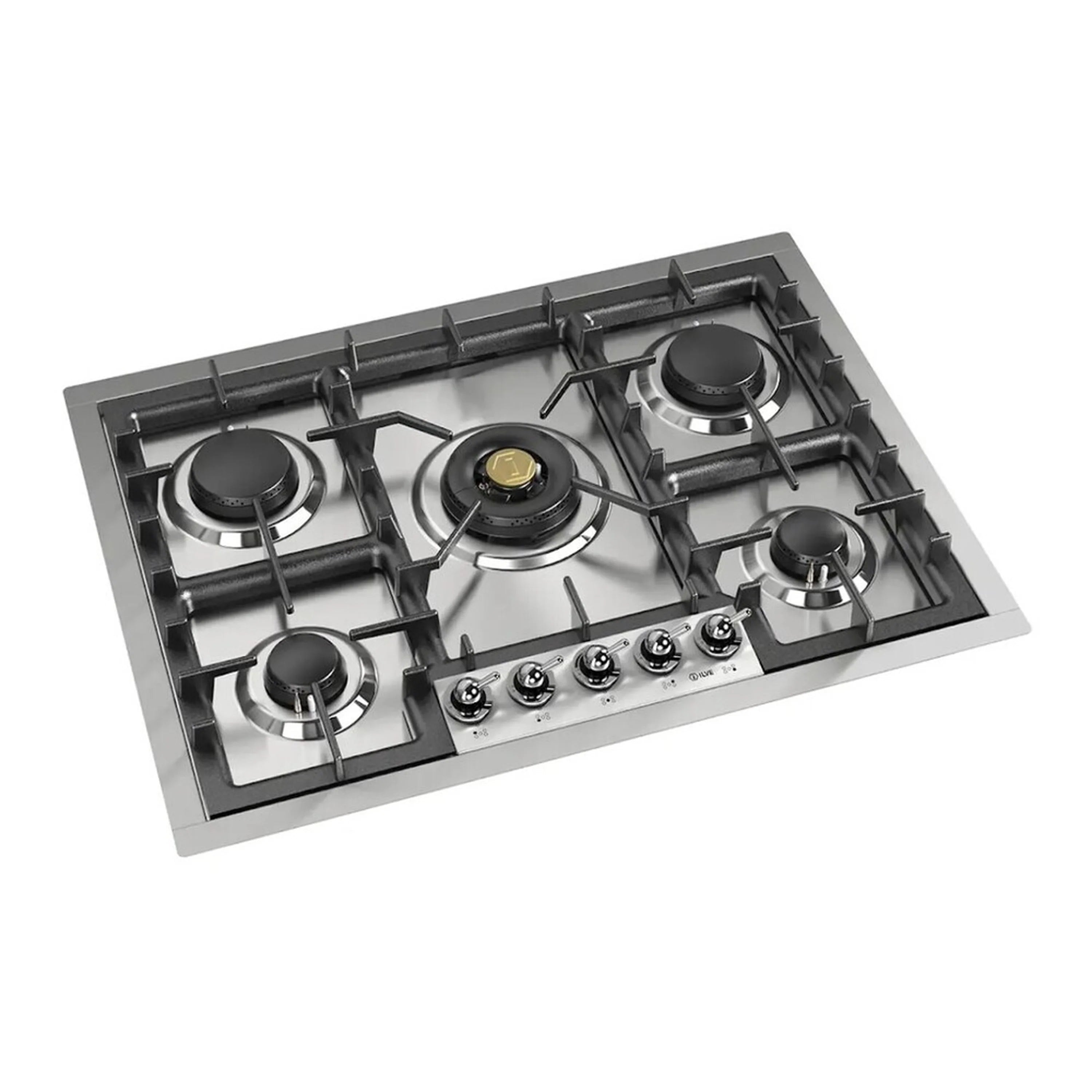 Stainless steel gas cooktop with five burners, black grates, and control knobs