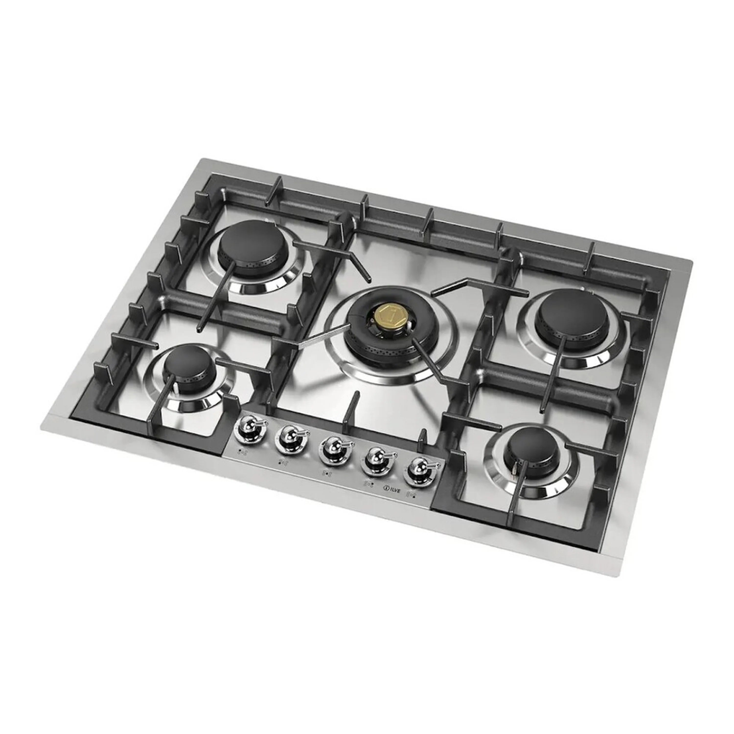 Stainless steel 5-burner gas cooktop with black cast grates and front knob row