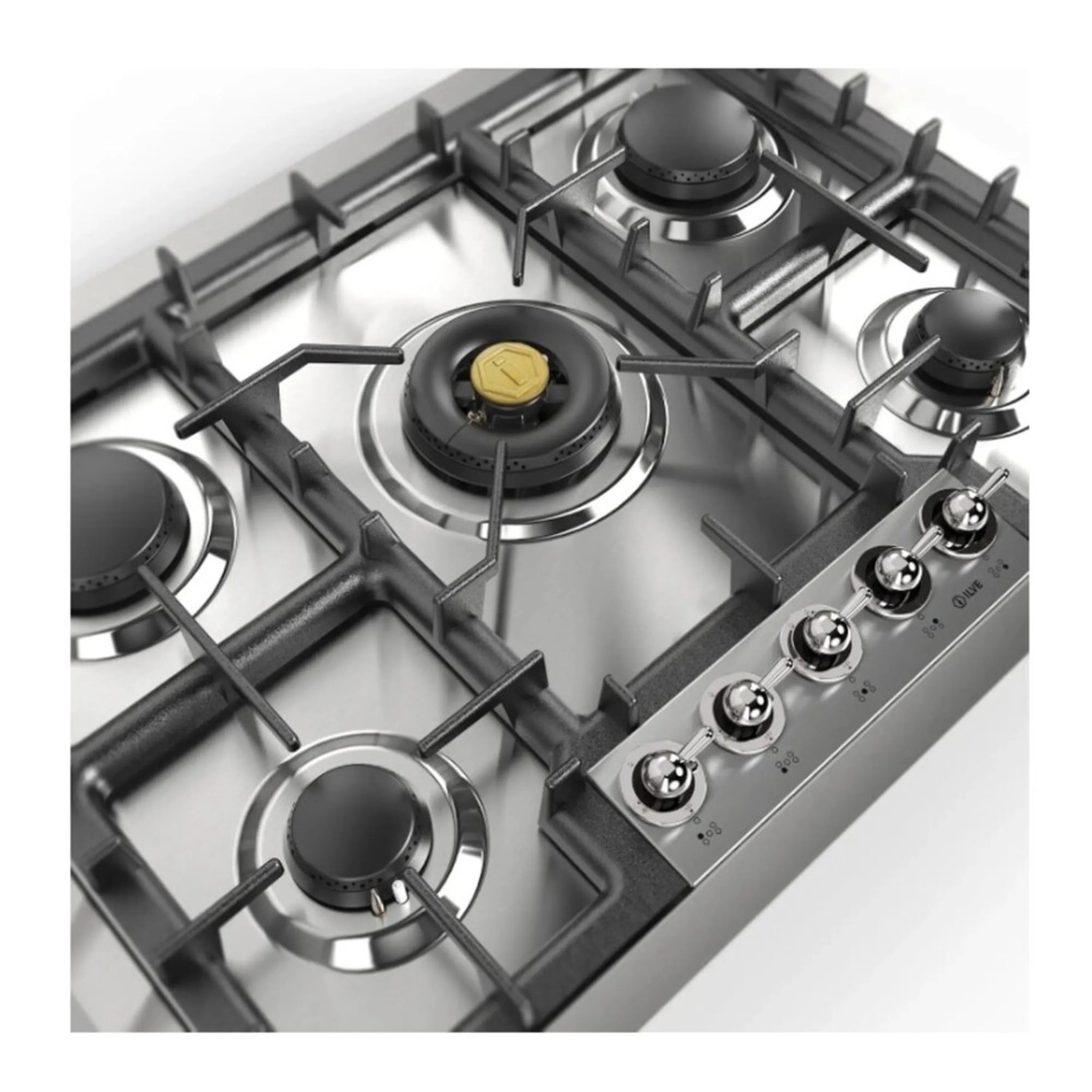 Close-up of stainless gas cooktop burners with black grates and control knobs