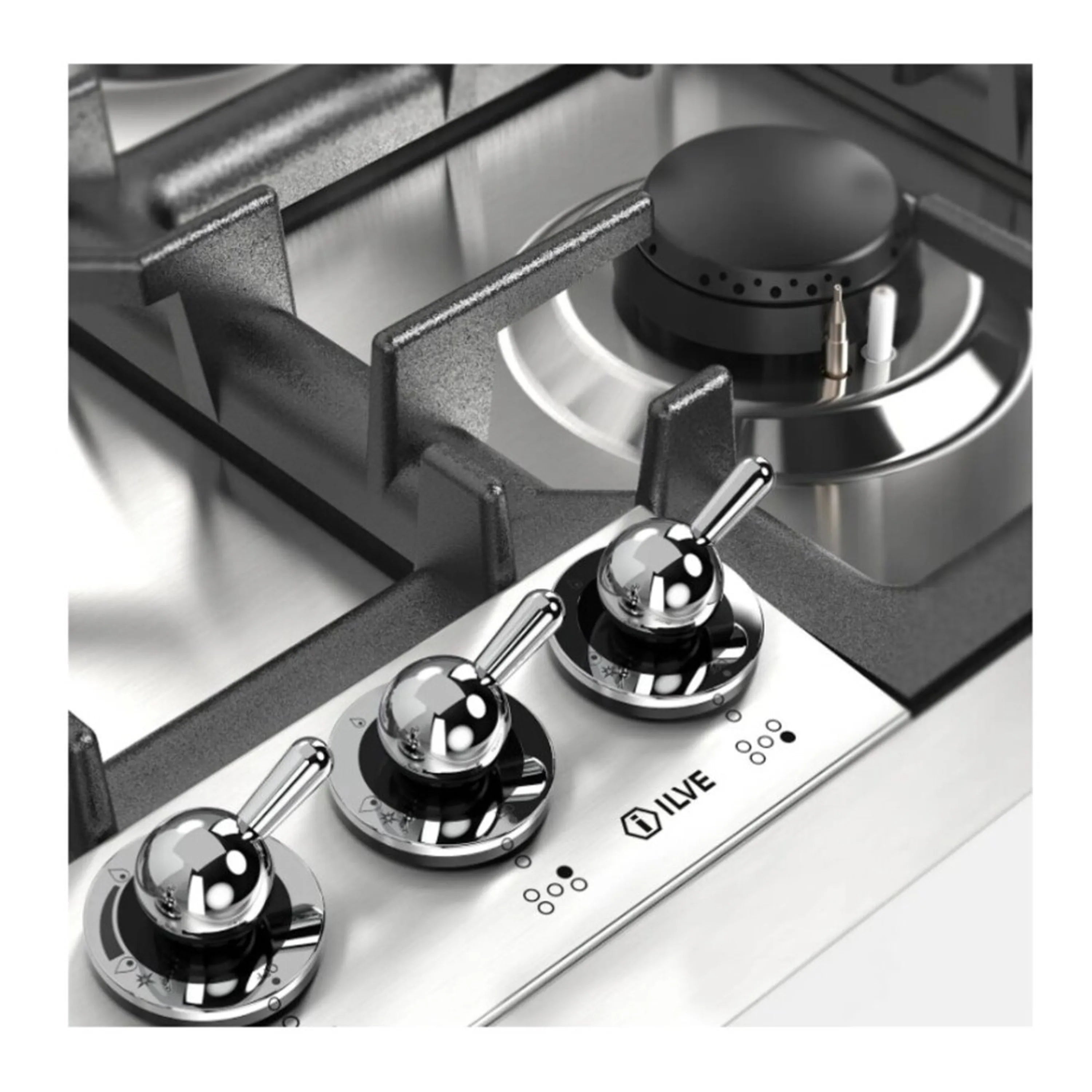 Stainless gas cooktop control knob row with burner markers