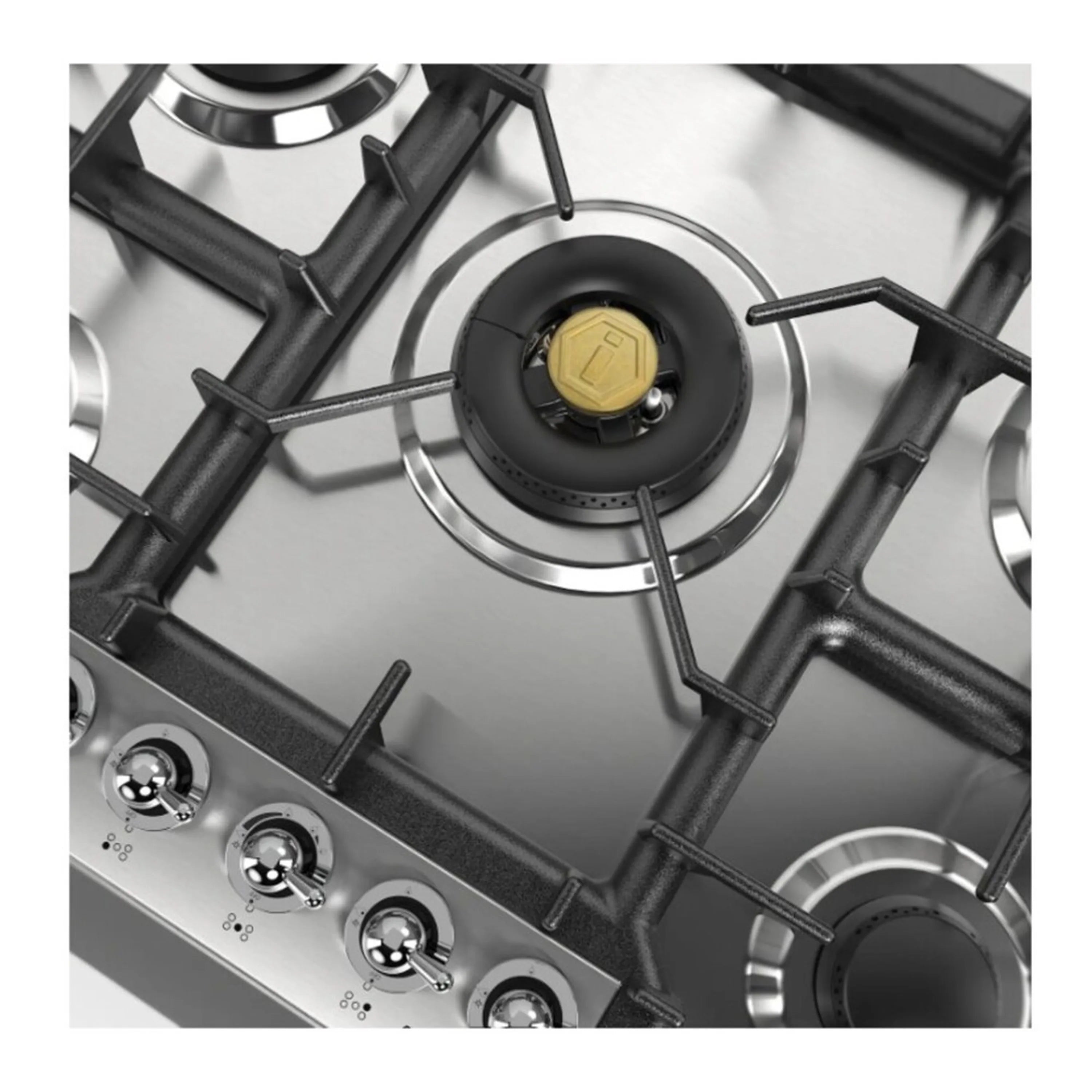 Stainless gas cooktop with central burner cap and black cast grate