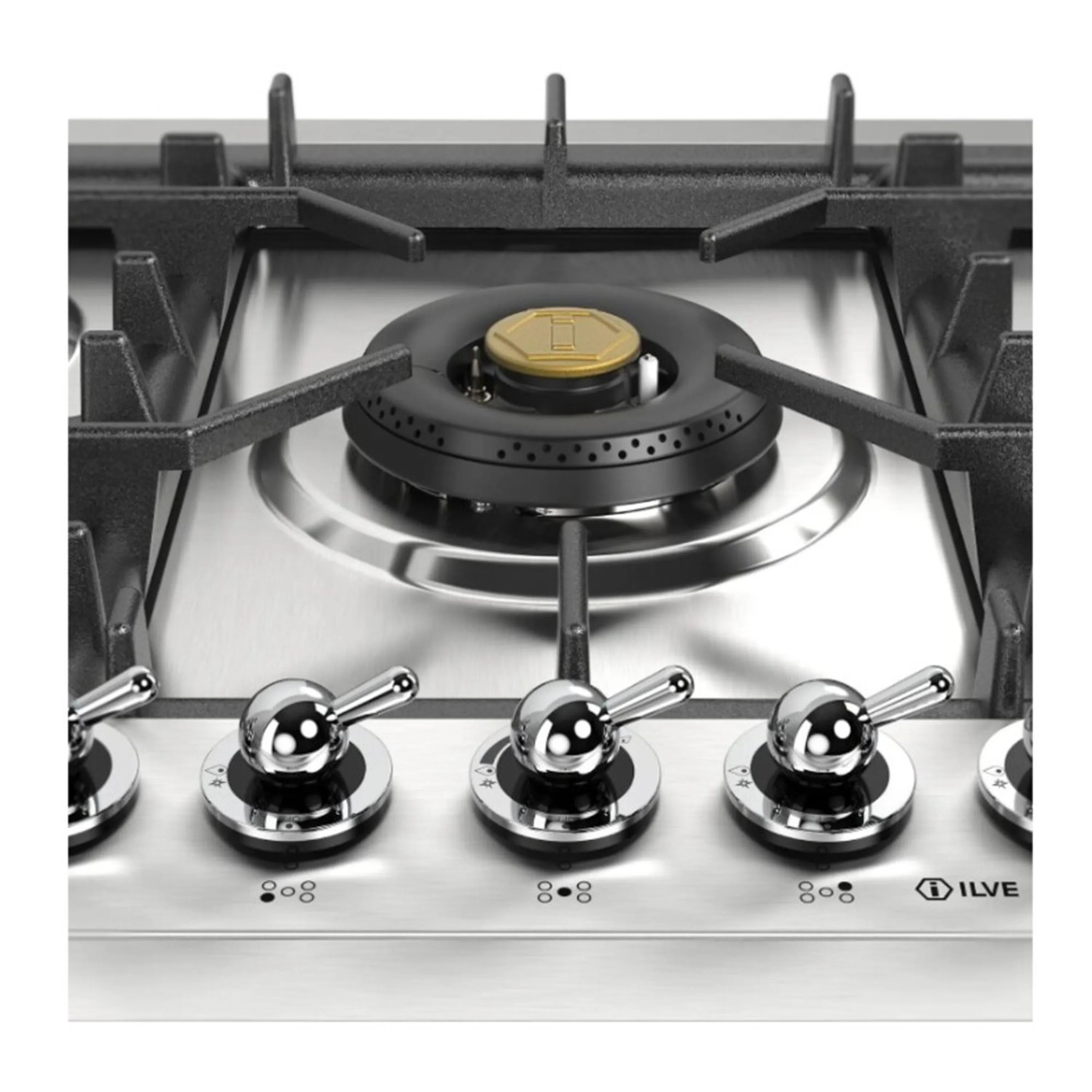 Stainless gas cooktop featuring central burner and four front control knobs