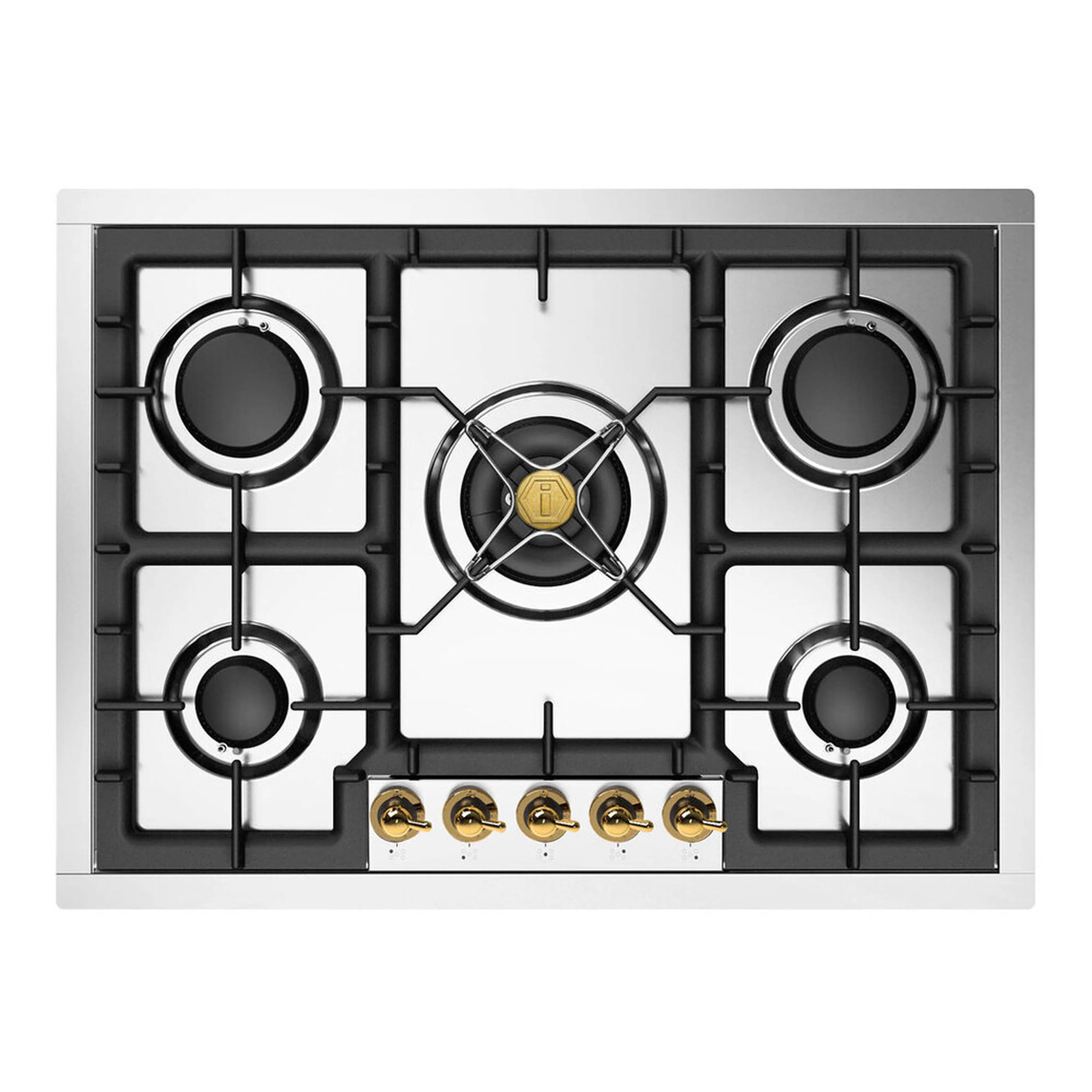 Stainless steel 5-burner gas cooktop top view with black grates and center burner