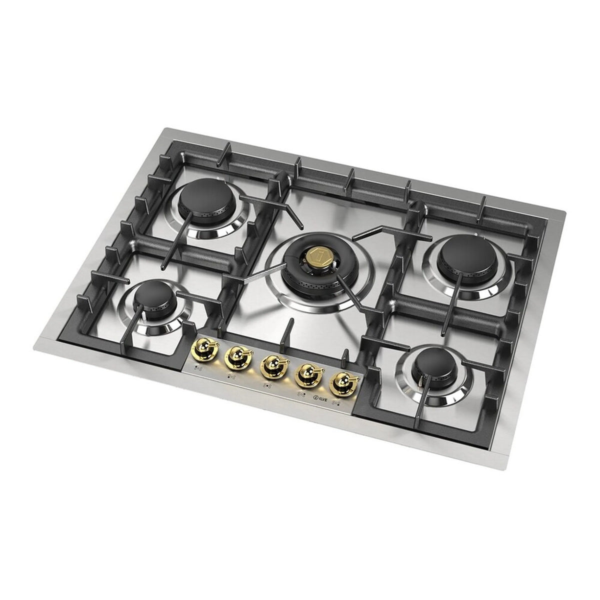 Stainless steel 5-burner gas cooktop angled view with black grates and brass knobs