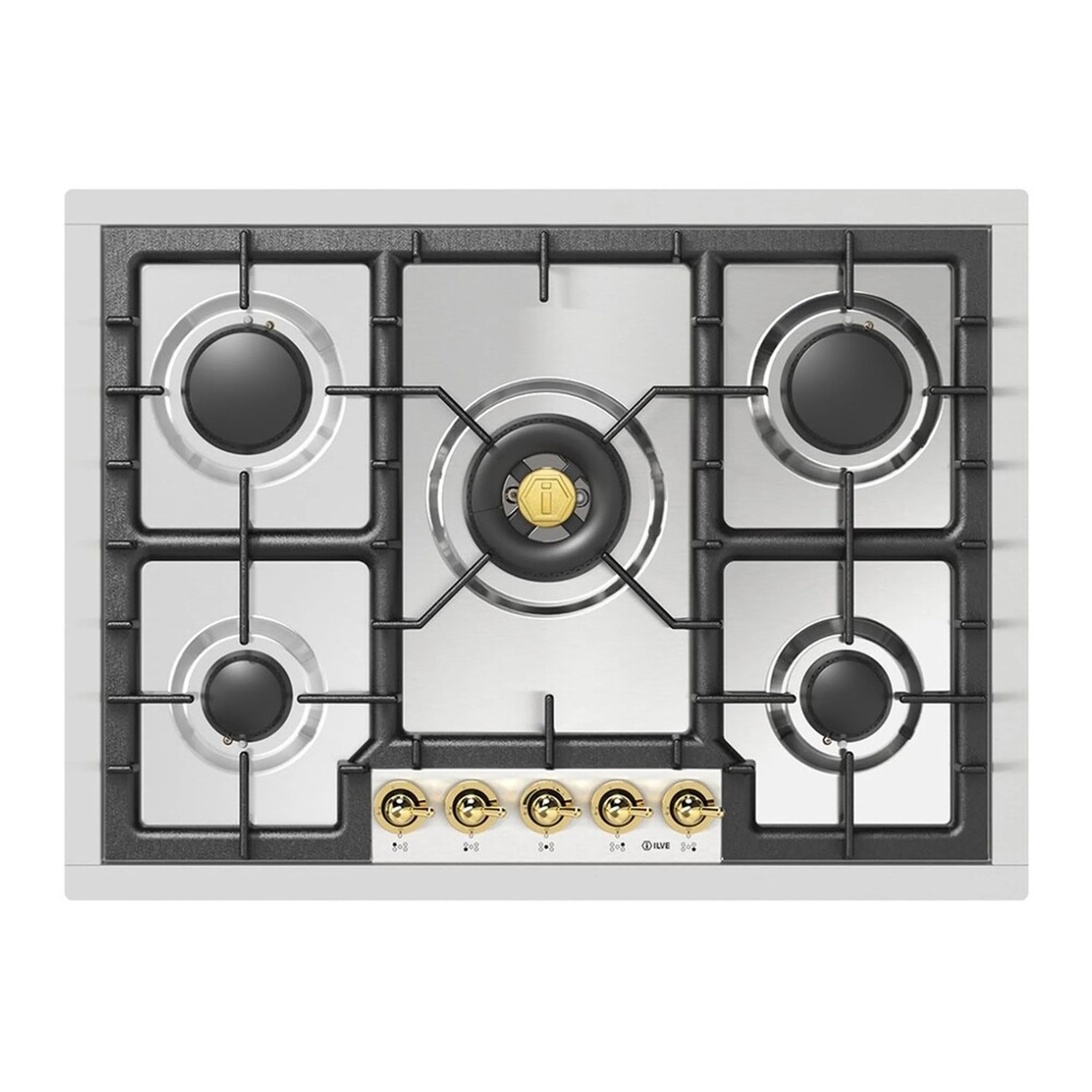 Stainless steel cooktop front view with four square burners, center burner, and brass knobs