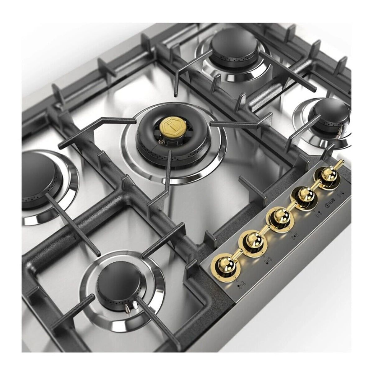 Stainless steel gas cooktop interior view with black grates and burner caps
