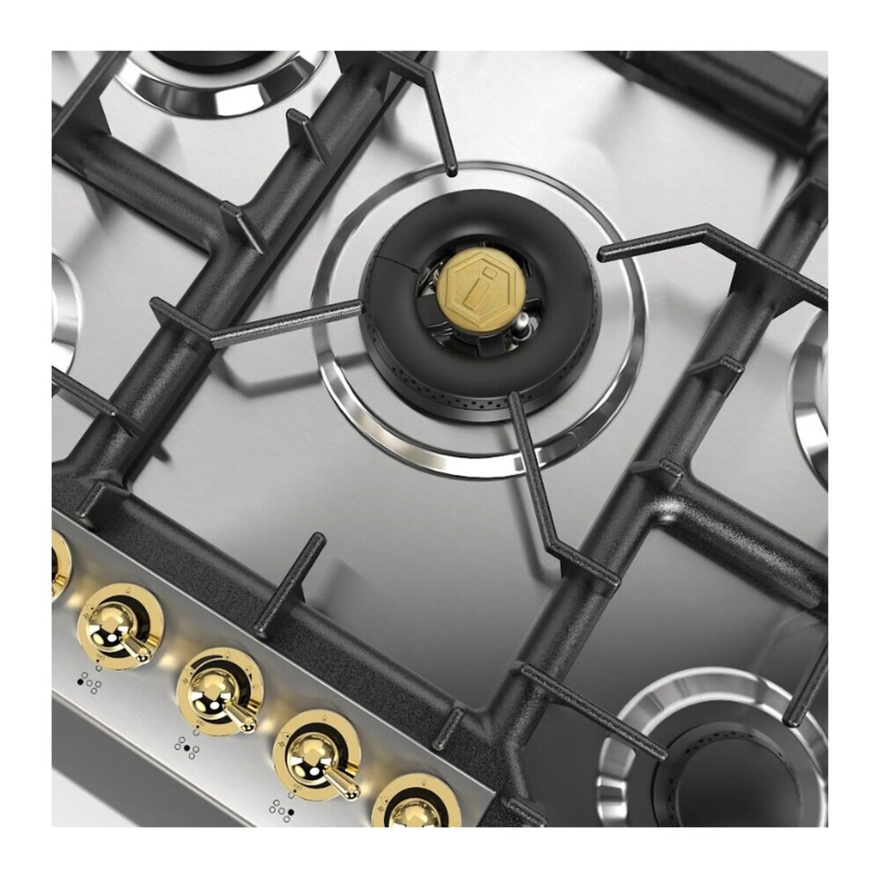 Stainless steel gas cooktop with black burner cap and cast-iron grates