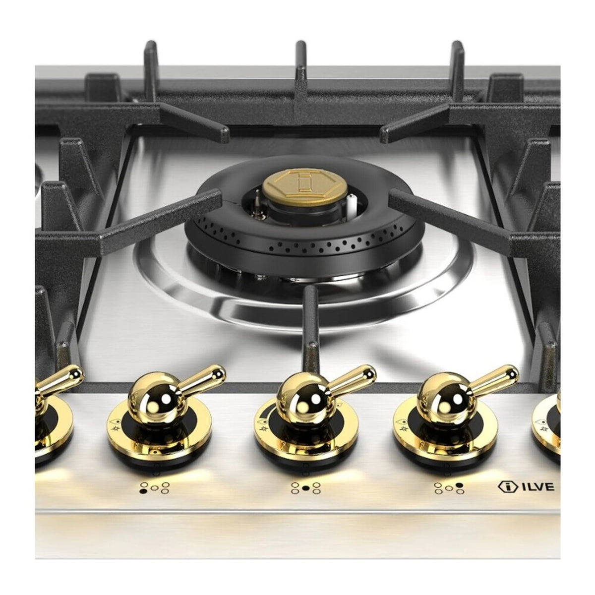 Stainless steel 5-burner propane cooktop with black grates and gold control knobs