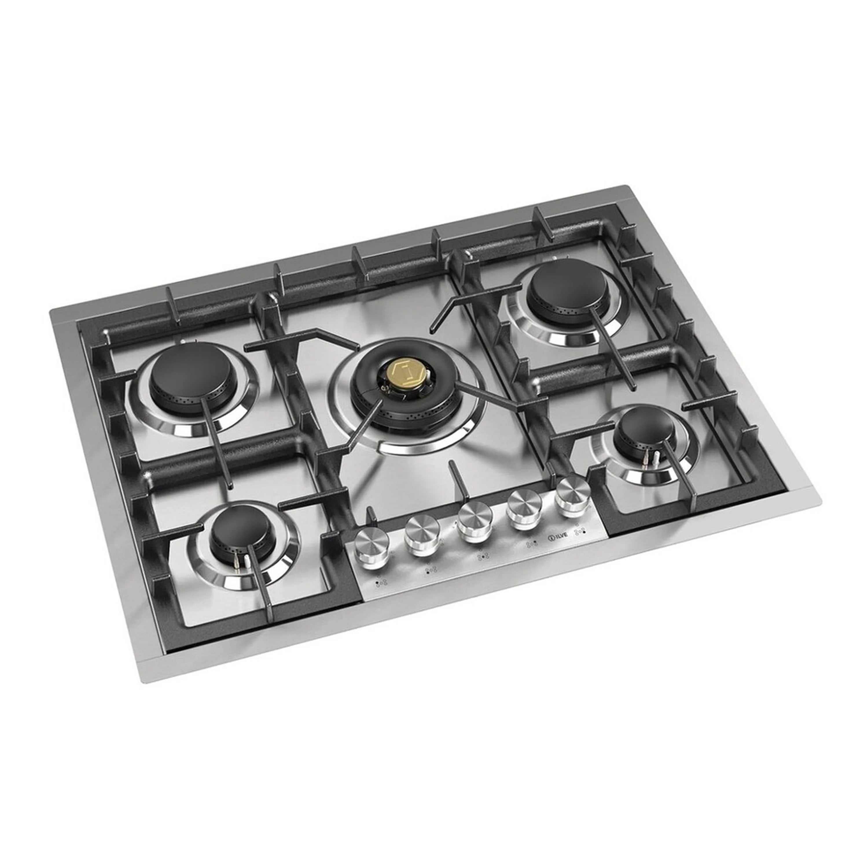 Stainless steel 5-burner gas cooktop base with black grates and control knobs