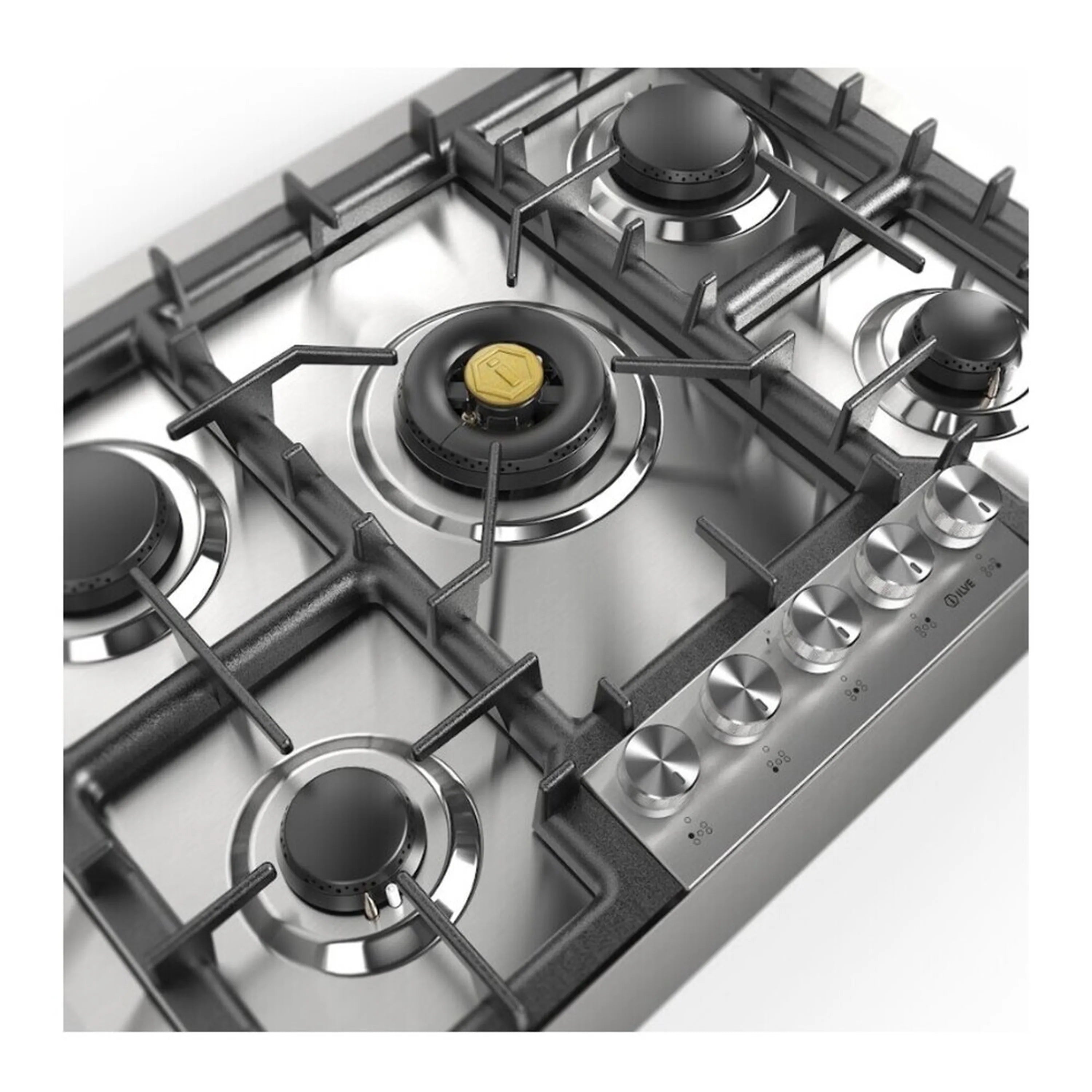 Stainless steel gas cooktop from above with four burner grates and control area