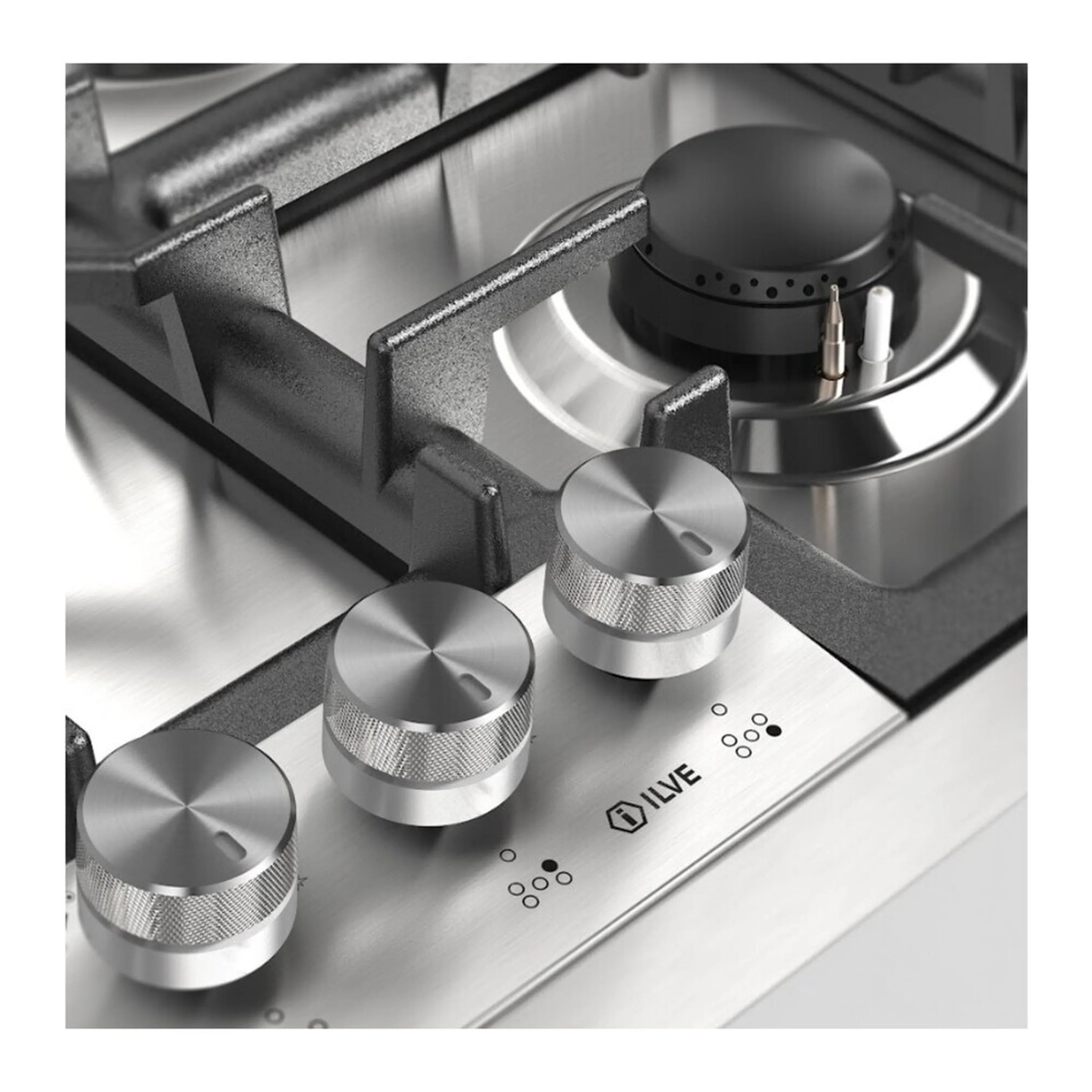 Stainless steel cooktop control panel with four metal knobs and burner hardware