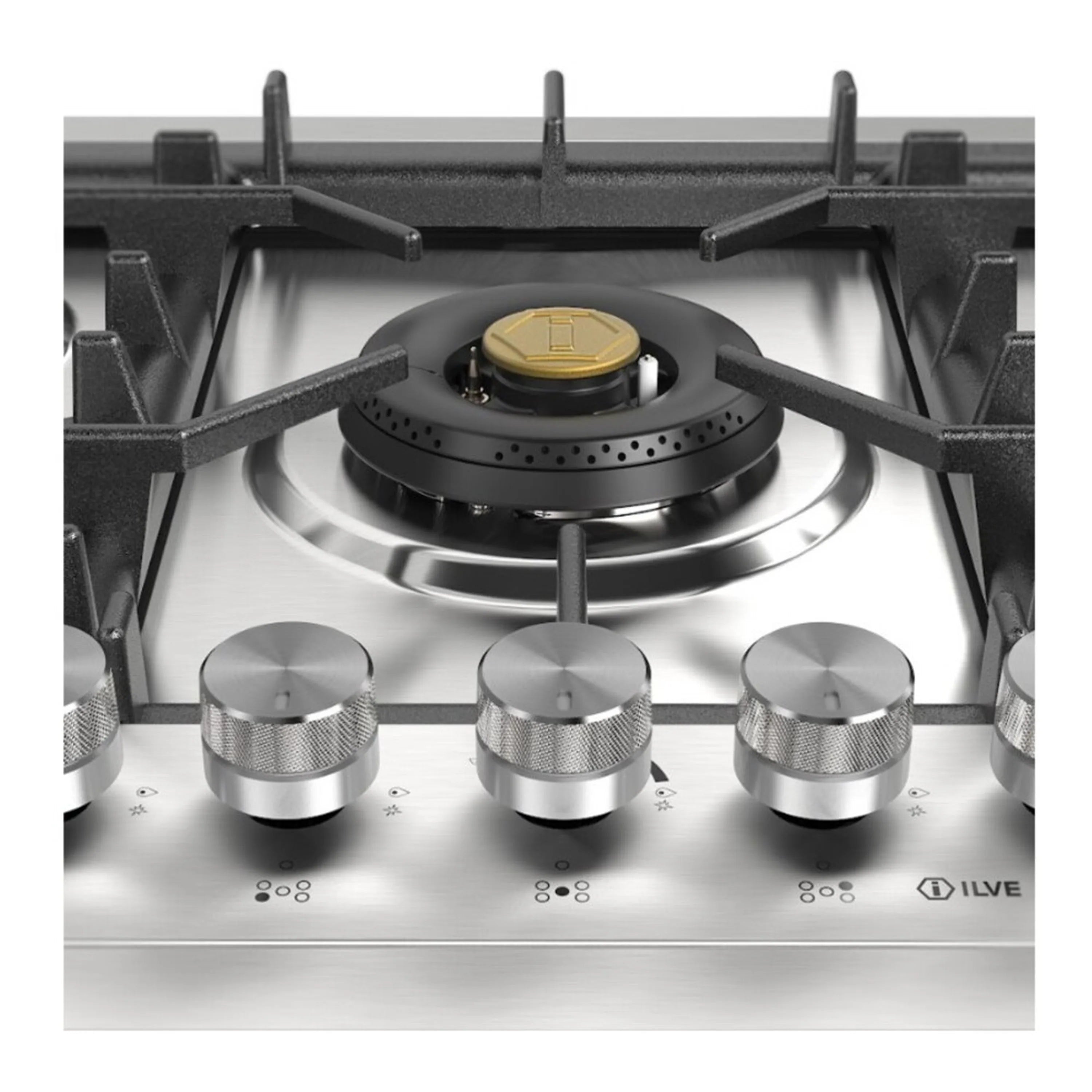 Stainless steel gas cooktop front view with three metal control knobs and center burner