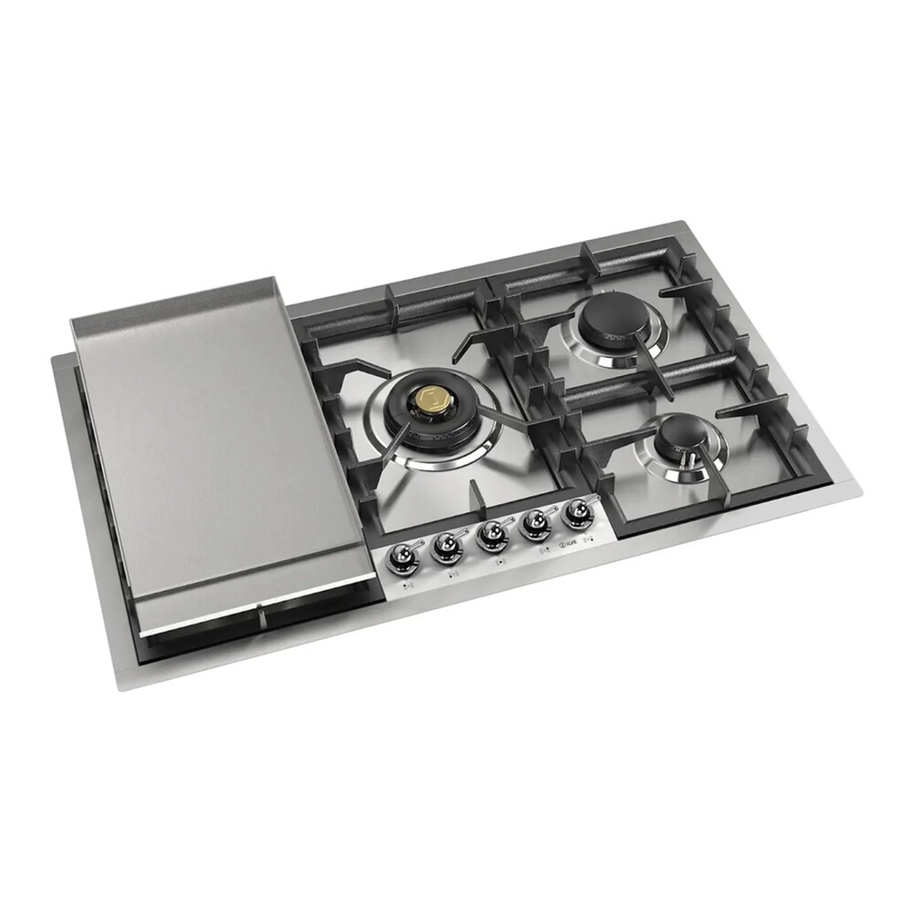 Stainless built-in gas cooktop with black grates, four burners, and front control knobs