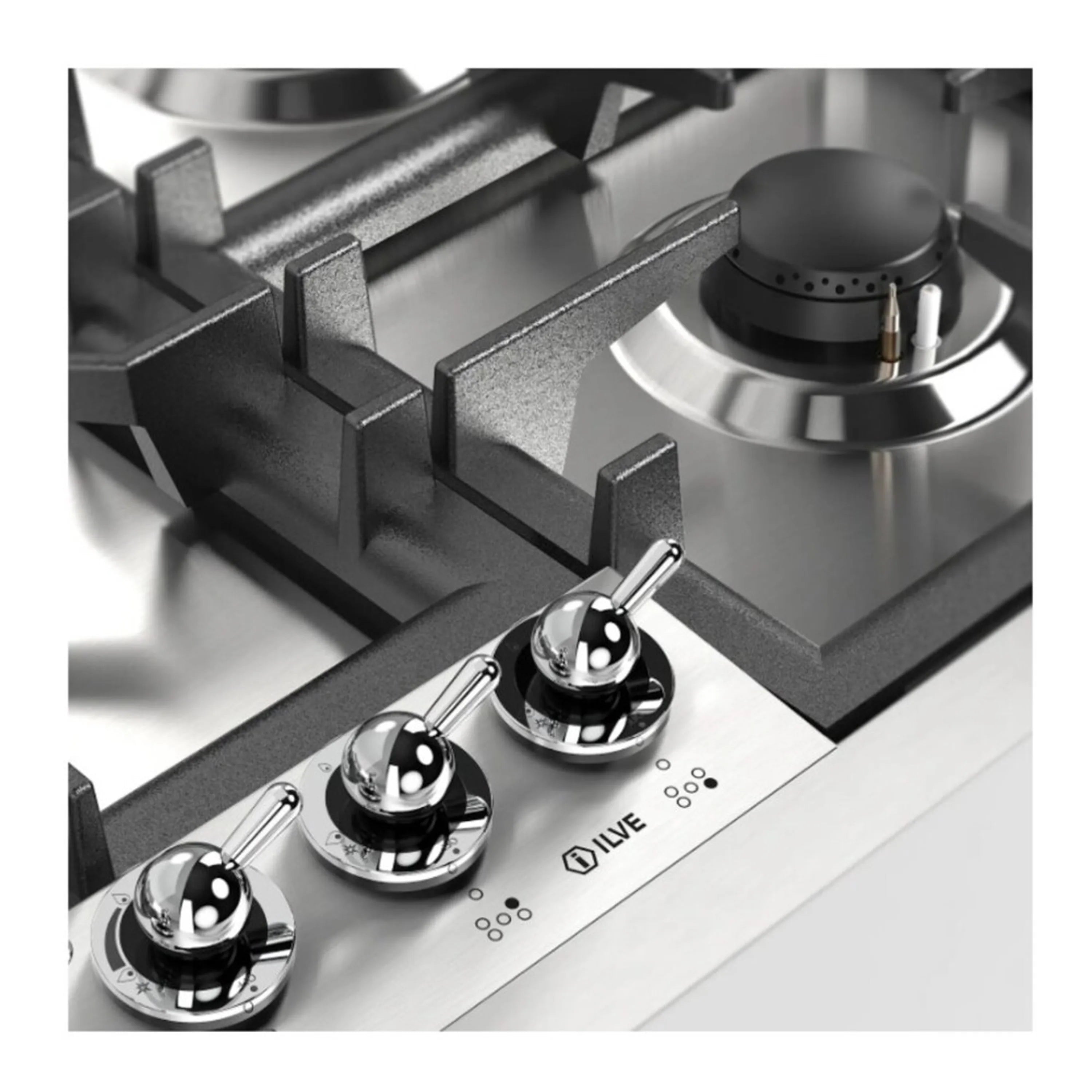 Gas cooktop front with chrome knobs and black burner heads in stainless frame