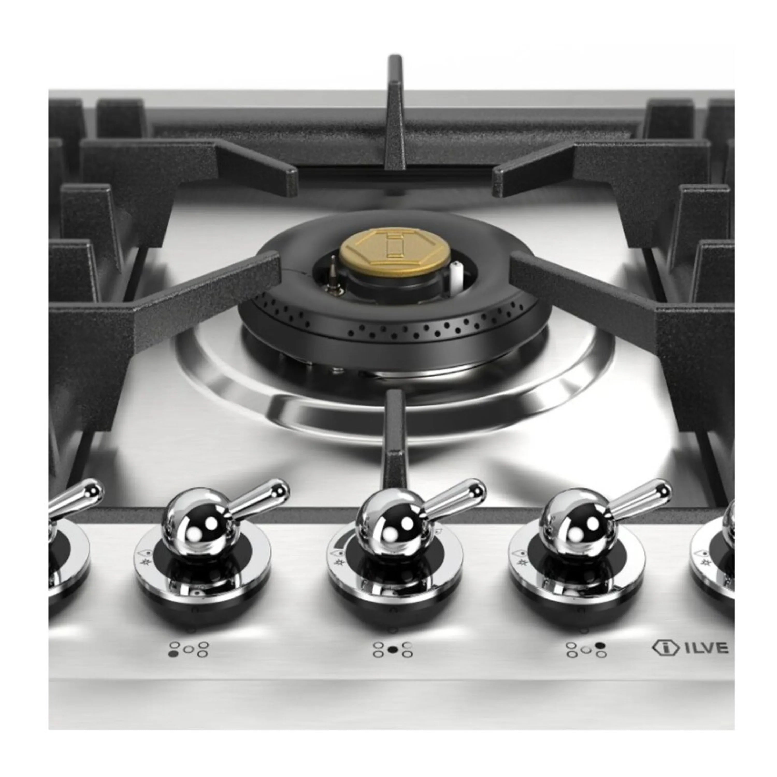 Gas cooktop close-up with central burner and three chrome control knobs on stainless panel
