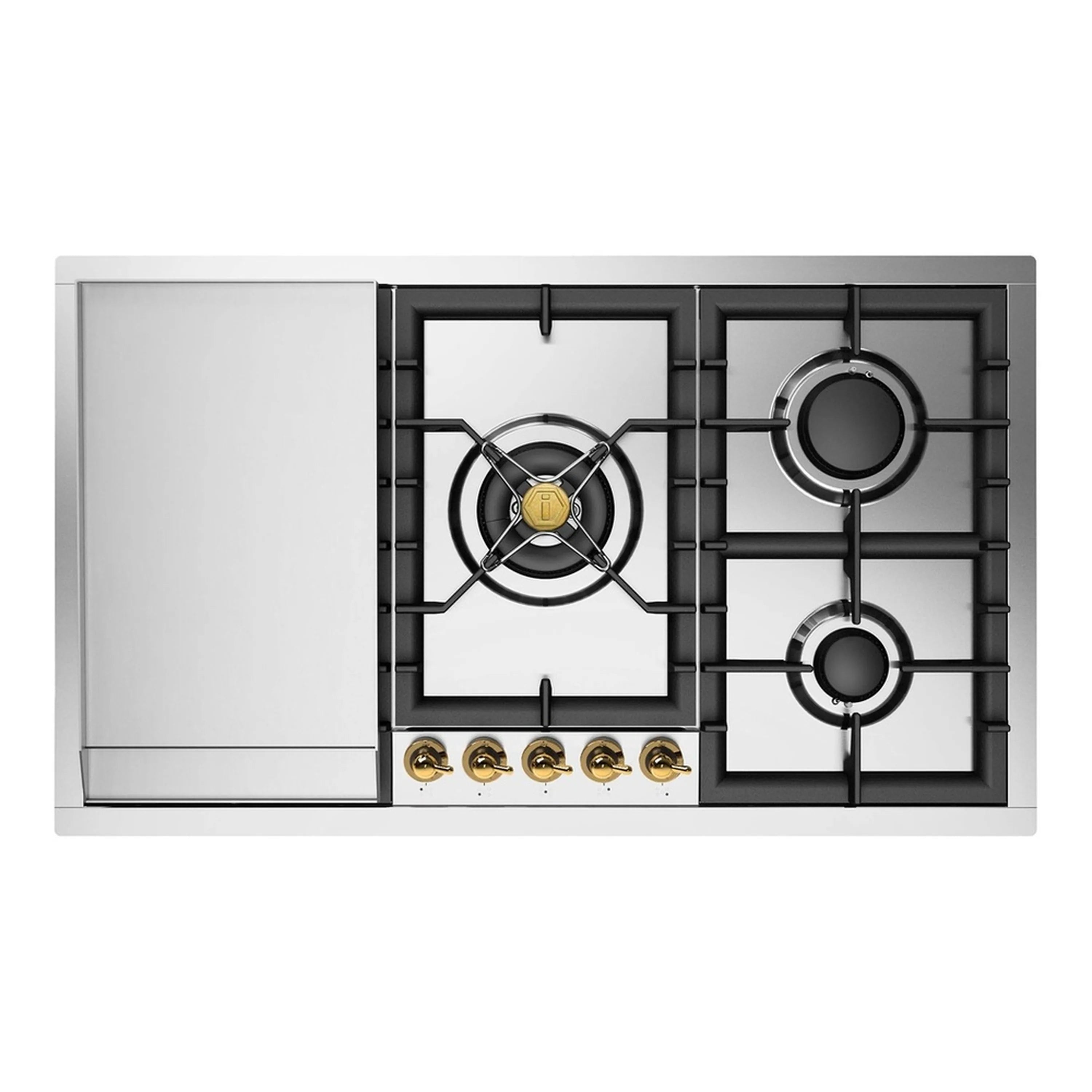 Built-in gas cooktop with black grates, two burners, and brass control knobs