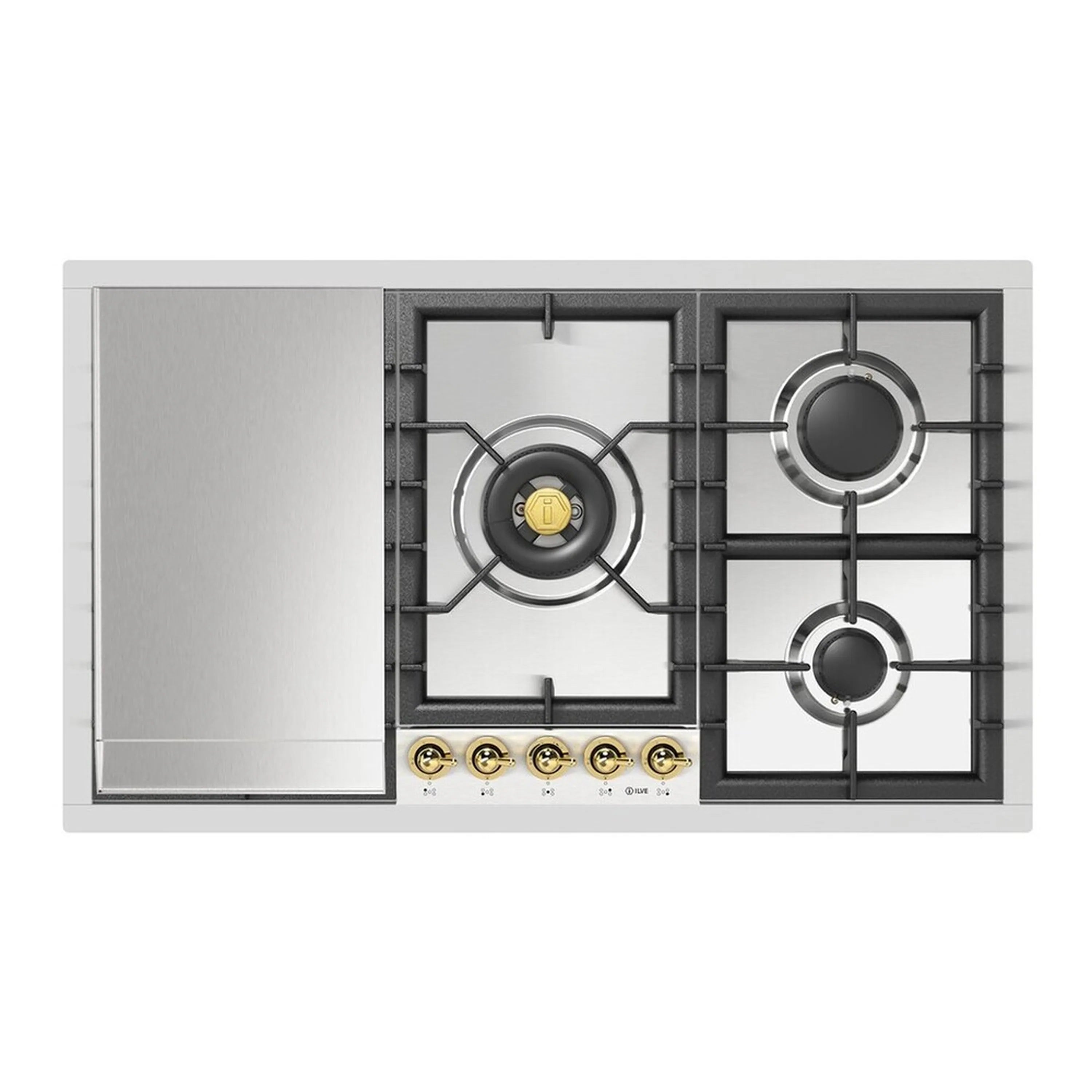 Stainless steel propane cooktop with black burner grates, brass caps, and front control knobs