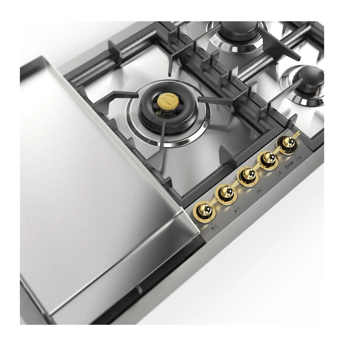 Stainless steel gas cooktop with black grates, brass control knobs, and four burners