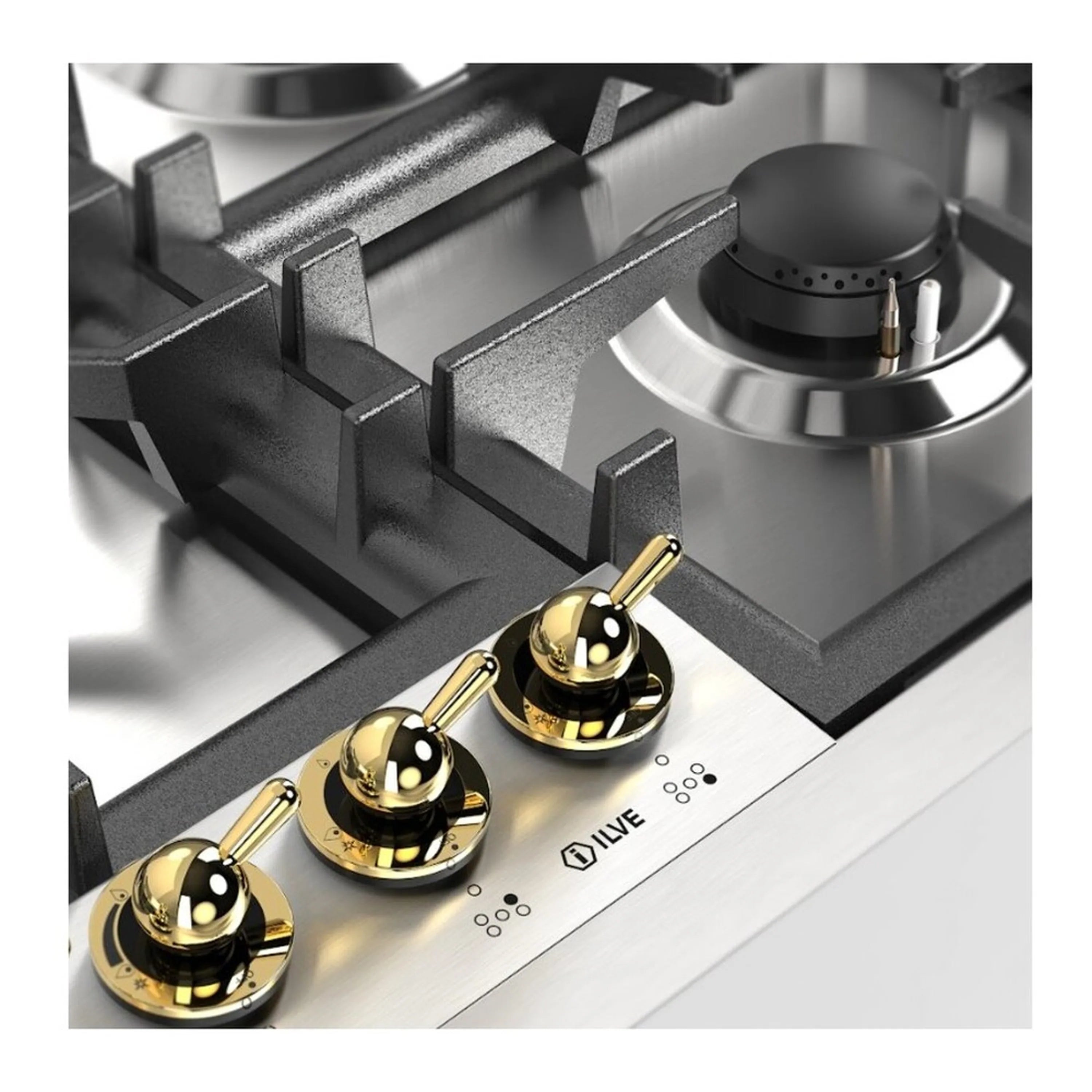 Stainless steel gas cooktop with black grates and gold brass control knobs